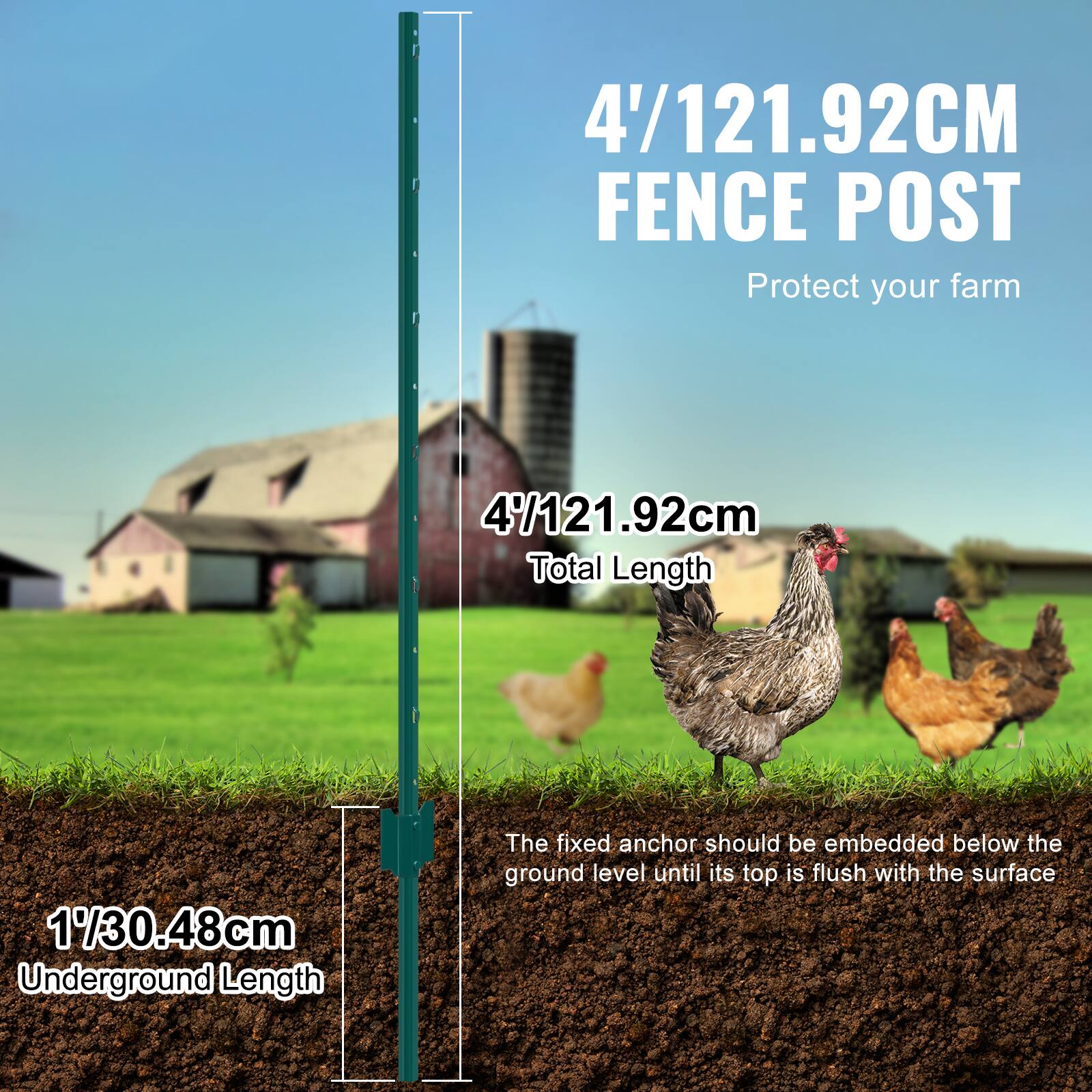 4'/121.92CM FENCE POST
Protect your farm
4/121.92cm Total Length
1/30.48cm Underground Length
The fixed anchor should be embedded below the ground level until its top is flush with the surface