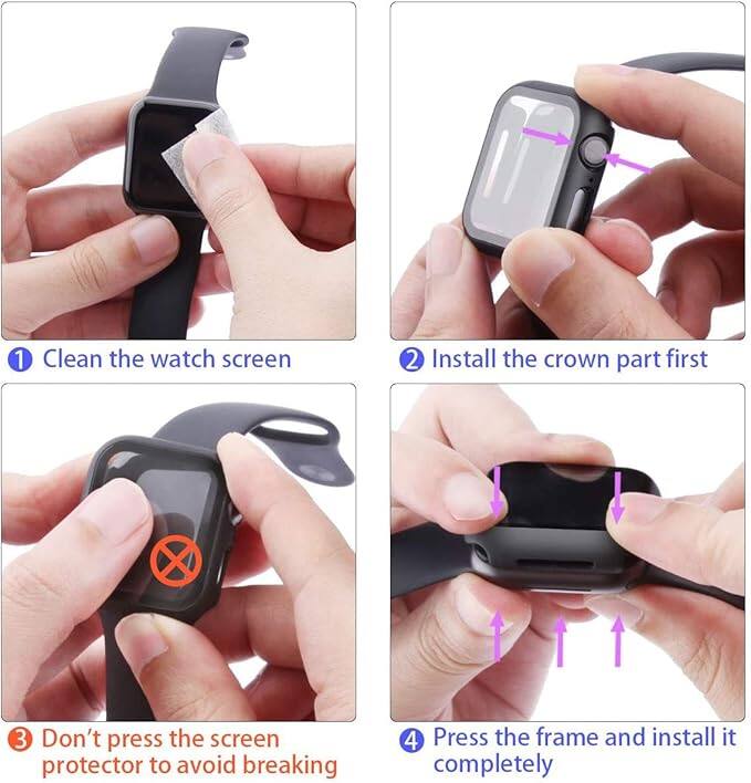 1 Clean the watch screen
2 Install the crown part first
3 Don't press the screen protector to avoid breaking
4 Press the frame and install it completely