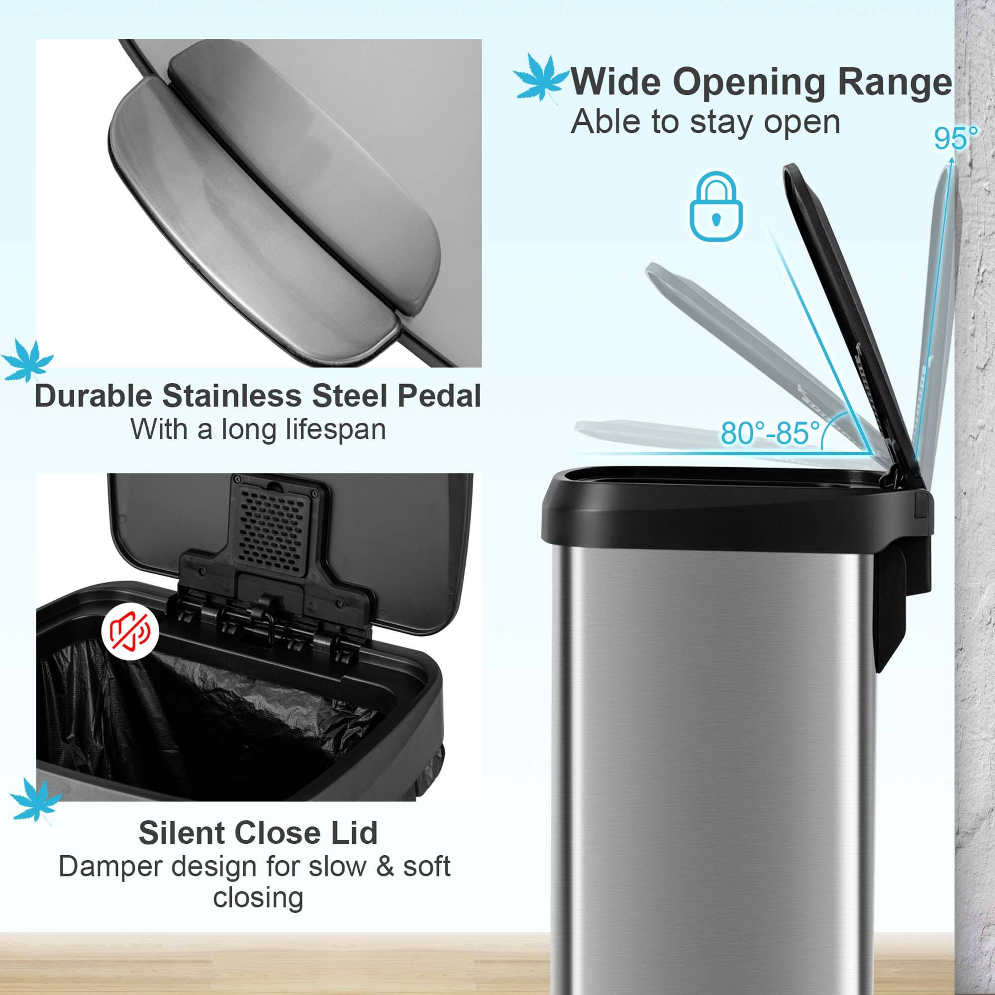 - Wide Opening Range: Able to stay open 95°
- Durable Stainless Steel Pedal: With a long lifespan
- Silent Close Lid: Damper design for slow & soft closing