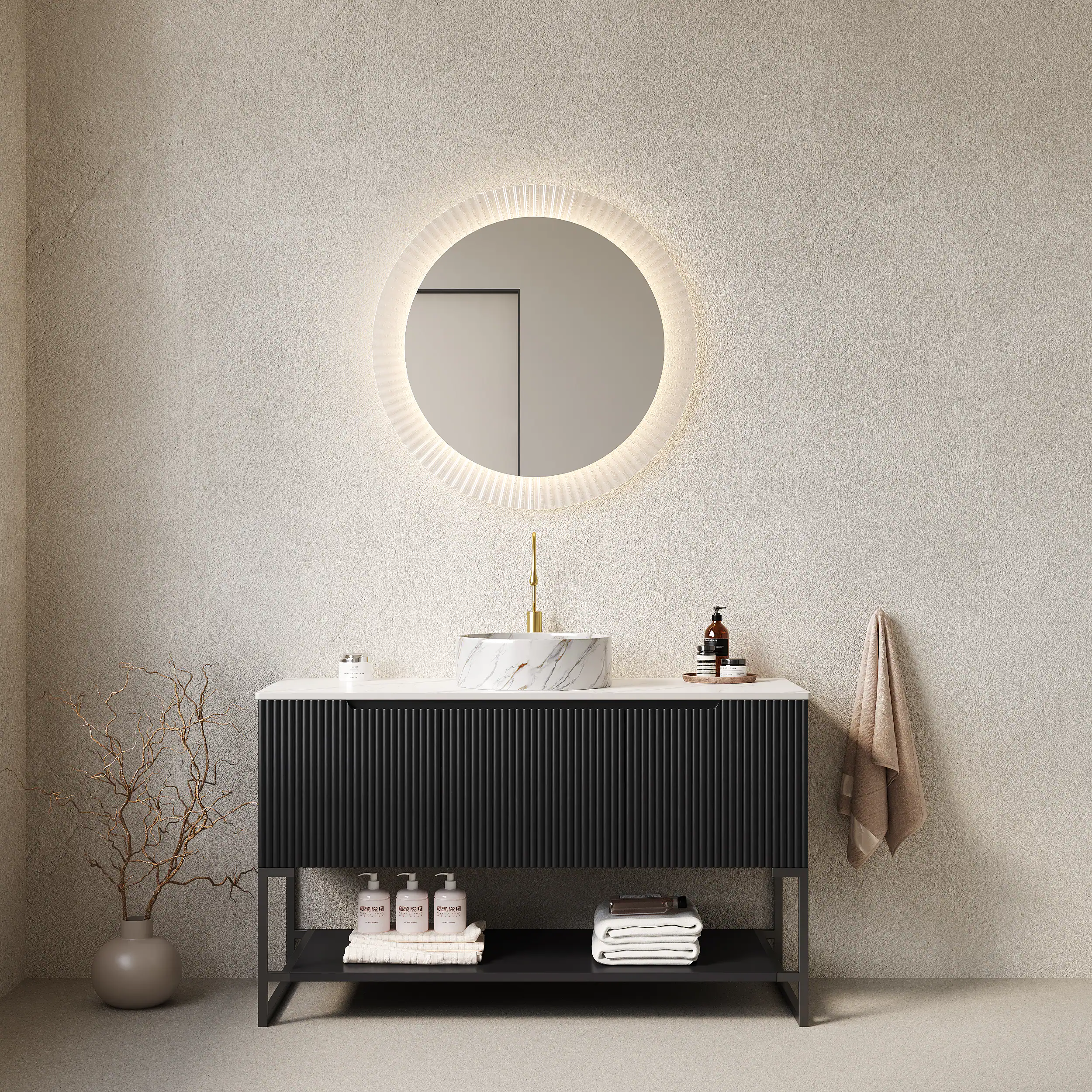 Front. Tiramisubest - 48" Bathroom Vanity with Sink, Bathroom Storage Cabinet with 3 Doors and Open Shelf, White Round Ceramic Basin, Black - Black.