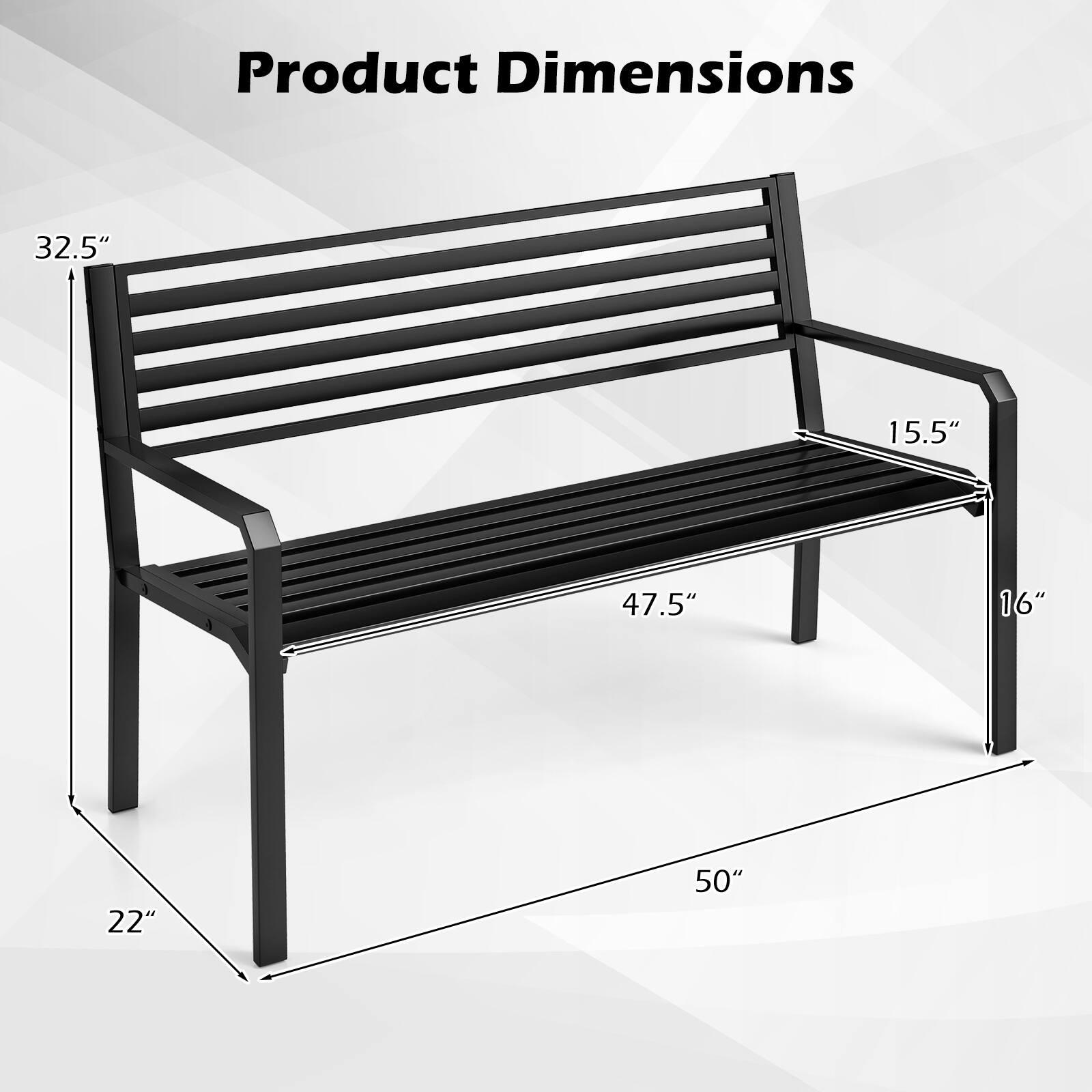 Product Dimensions  
32.5" (Height)  
15.5" (Backrest Height)  
47.5" (Seat Width)  
16" (Seat Depth)  
50" (Overall Length)  
22" (Leg Width)