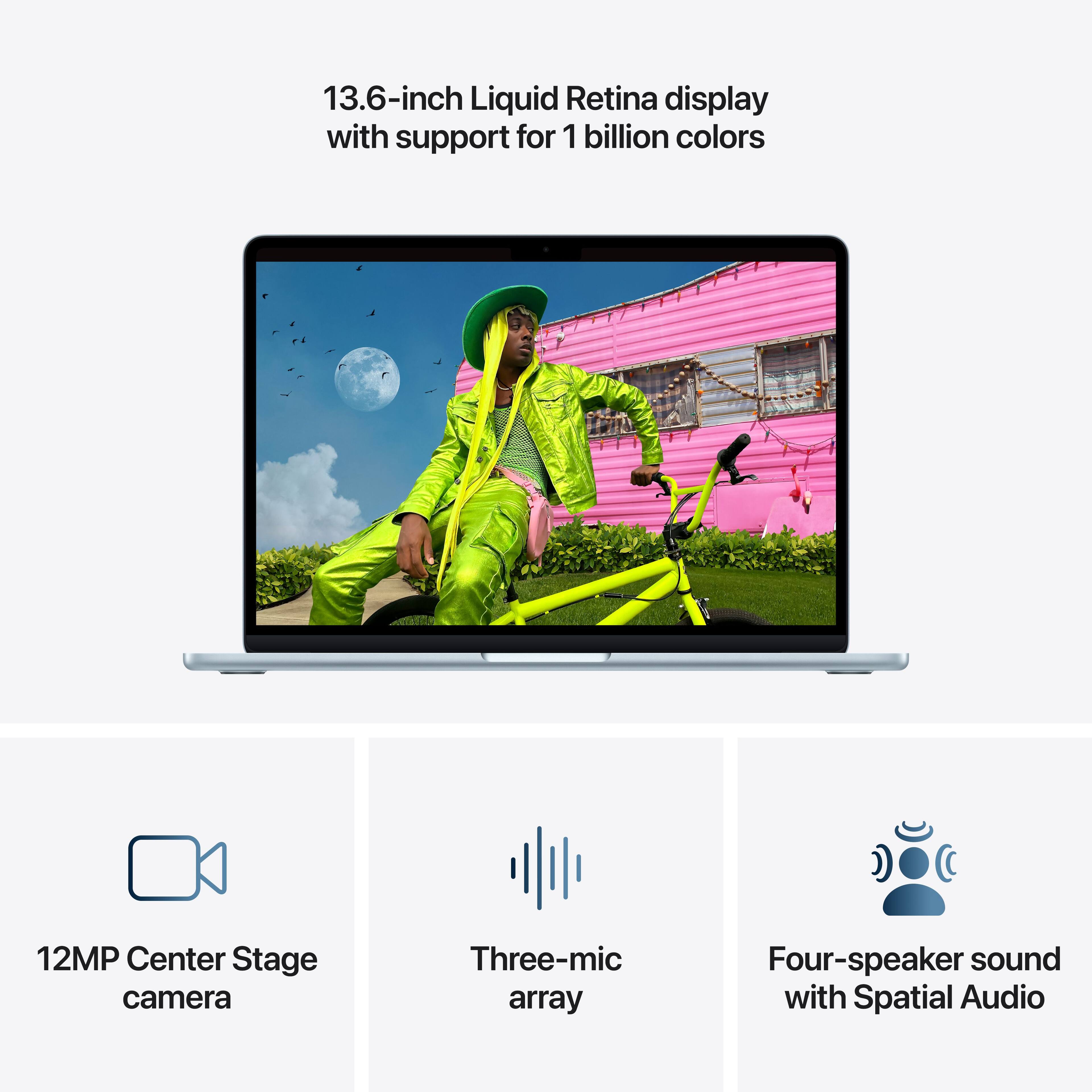 13.6-inch Liquid Retina display with support for 1 billion colors  
12MP Center Stage camera  
Three-mic array  
Four-speaker sound with Spatial Audio