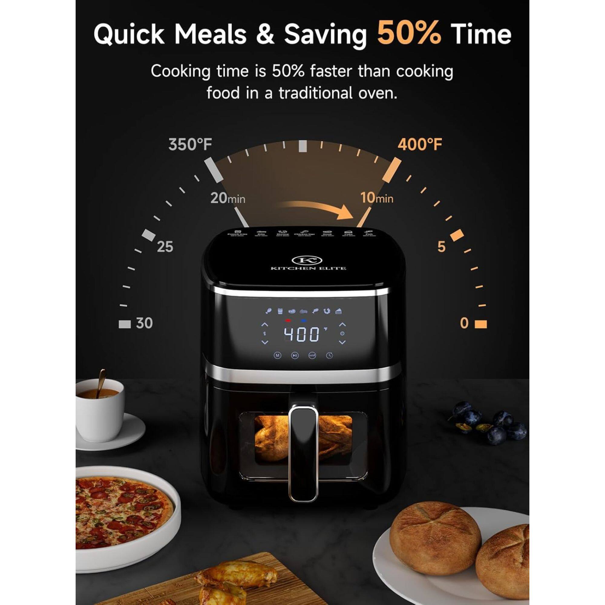 Quick Meals & Saving 50% Time  
Cooking time is 50% faster than cooking food in a traditional oven.  

350°F 400°F  
20min 10min  

25 30 400 0