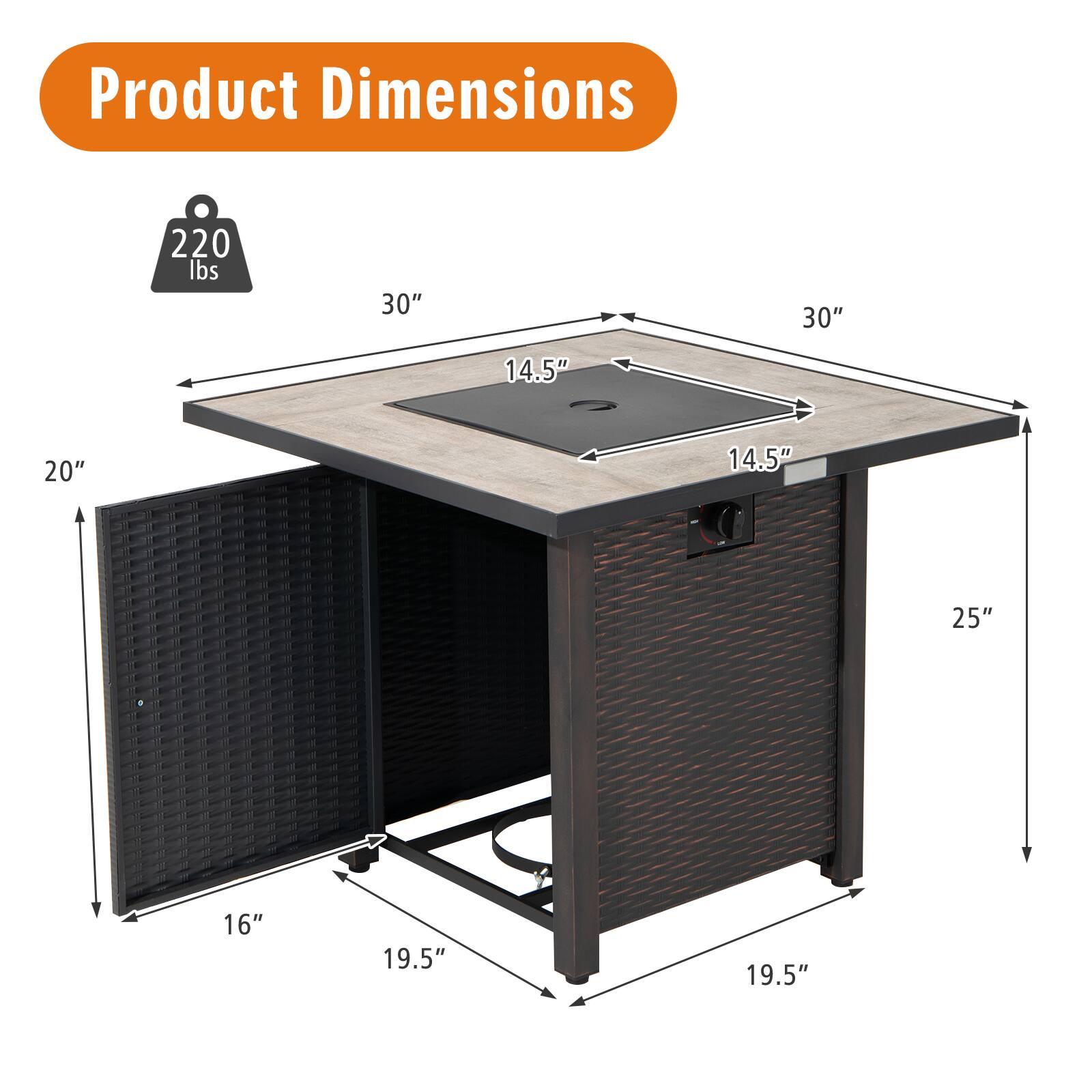 Product Dimensions: 220 lbs, 30" x 30" x 14.5" x 20" x 14.5" x 25" x 16" x 19.5" x 19.5"