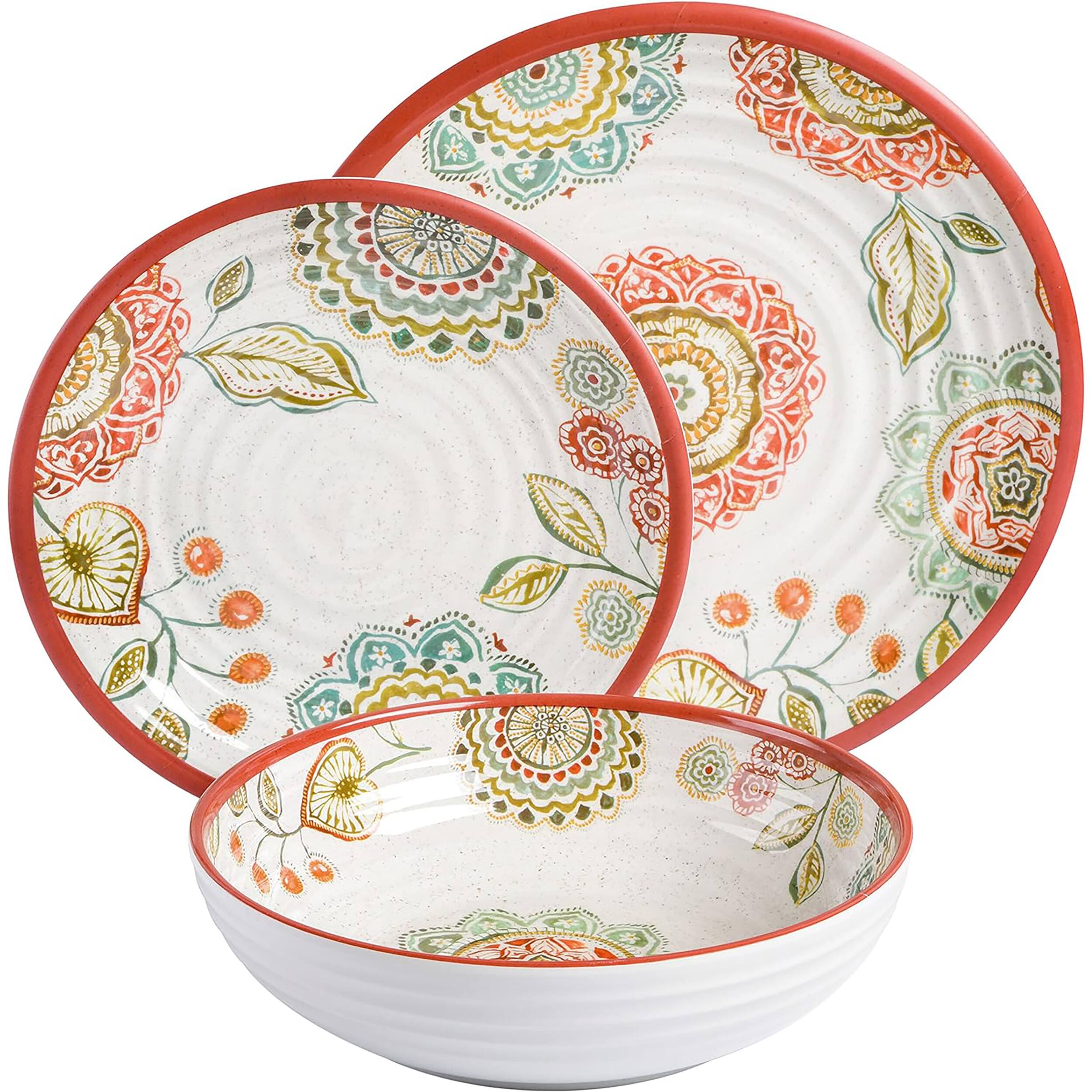 Alt View 1. Laurie Gates - Laurie Gates Brick Floral Ripple 12 Piece Melamine Dinnerware Set in Red - Multi.