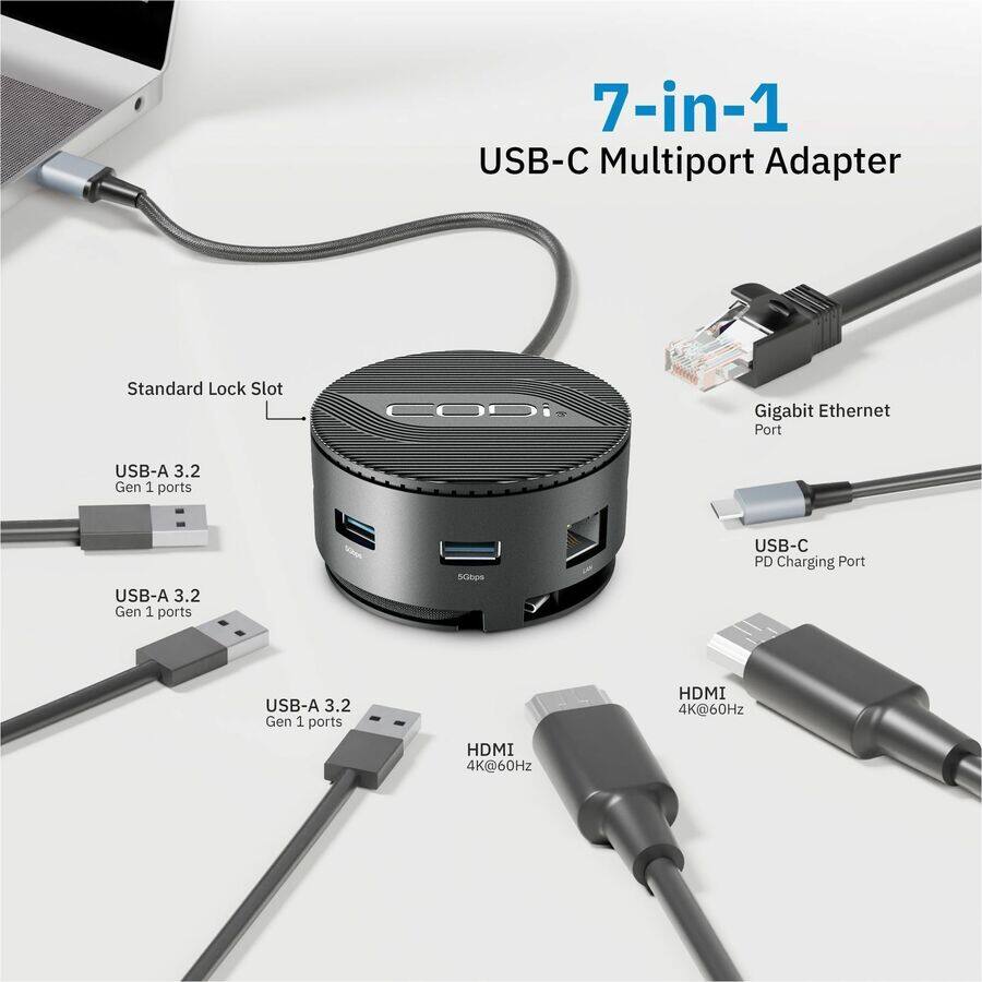 7-in-1 USB-C Multiport Adapter

- Standard Lock Slot
- USB-A 3.2 Gen 1 ports
- USB-A 3.2 Gen 1 ports
- USB-A 3.2 Gen 1 ports
- USB-C PD Charging Port
- Gigabit Ethernet Port
- HDMI 4K@60Hz
- HDMI 4K@60Hz