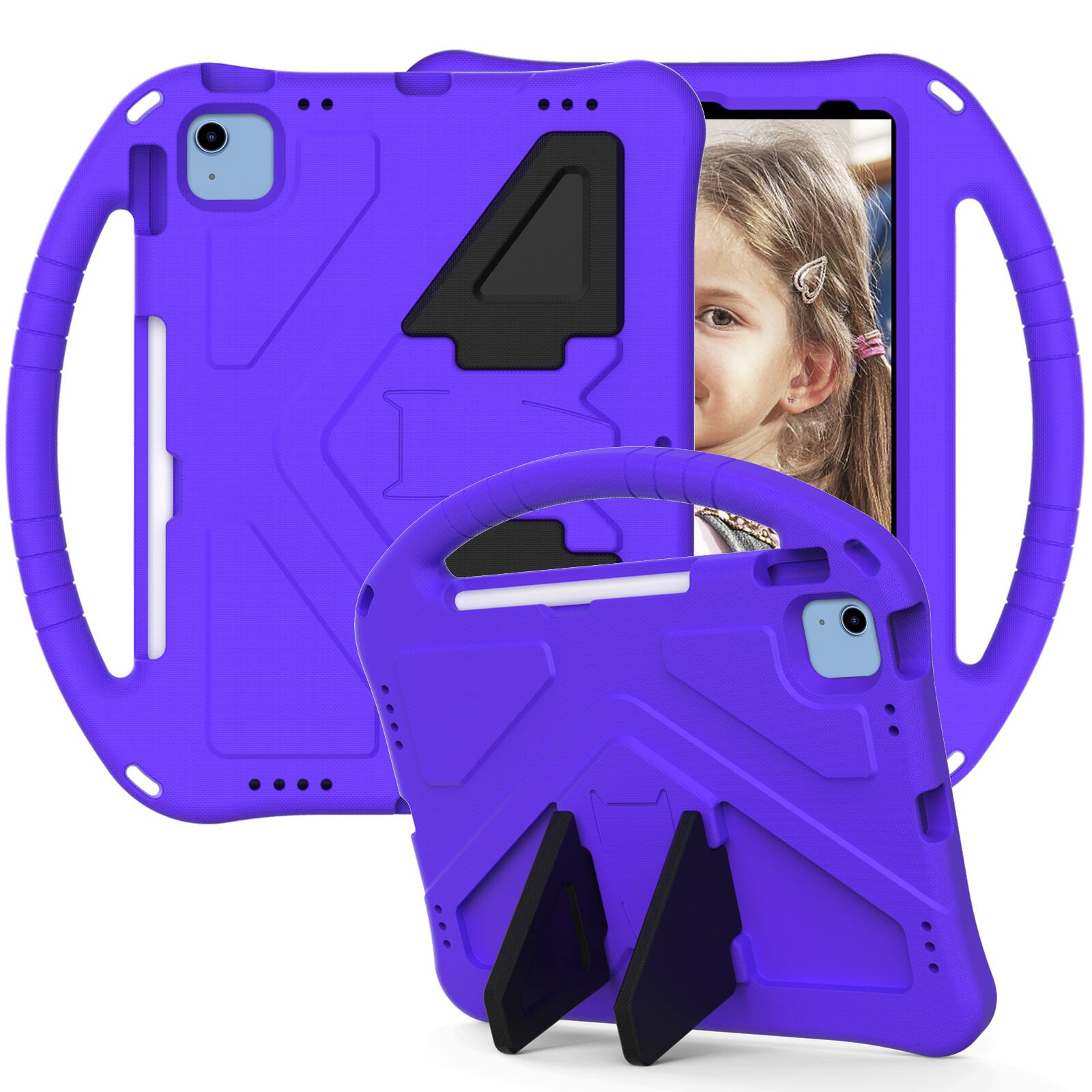The image shows a purple phone case with a cutout for the camera and a design that includes a black triangular shape. There is a picture of a young girl with blonde hair and a pink hair tie on the phone screen.