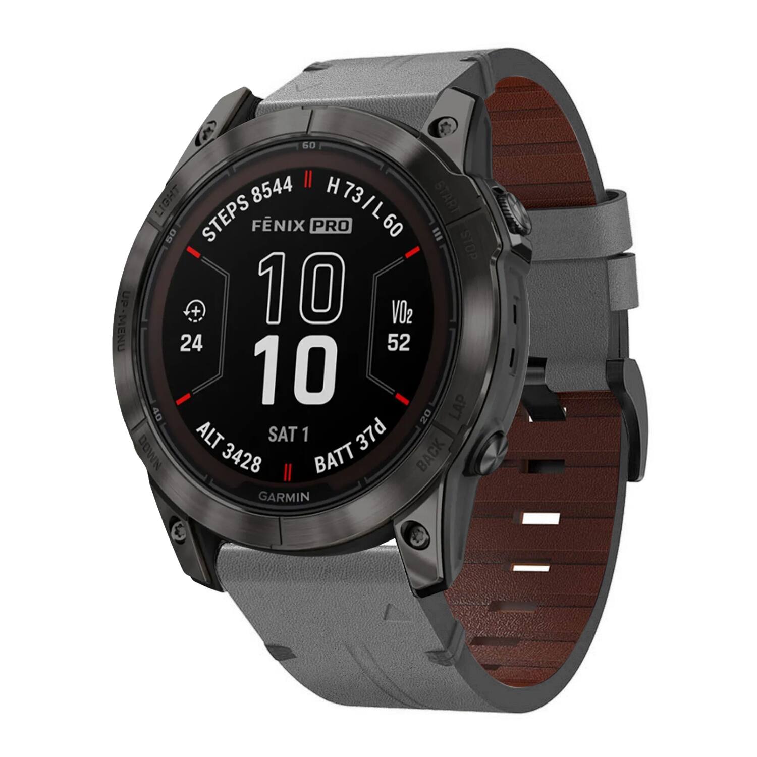 60 8544 H 73 LIGHT H73/L60  
FÉNIX PRO 60  
START DO STEPS  
10 10  
VO2 24 52  
ALT 3428  
SAT 1  
BATT 37d  
UP-MENU  
LAP DOWN  
BACK  
GARMIN