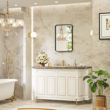 Front. PexFix - Matte Black Framed Bathroom Mirror, Shatterproof Tempered Glass, Wall-Mounted for Vanity & Entryway - Black.