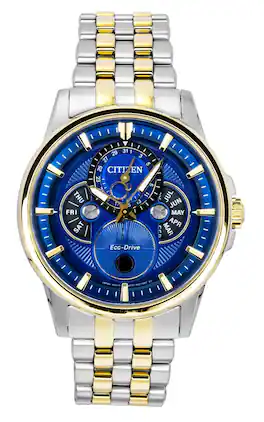 Citizen - Calendrier Moonphase Two Tone Stainless Steel Dial Eco-Drive BU0054-52L 100M Men's Watch - Blue