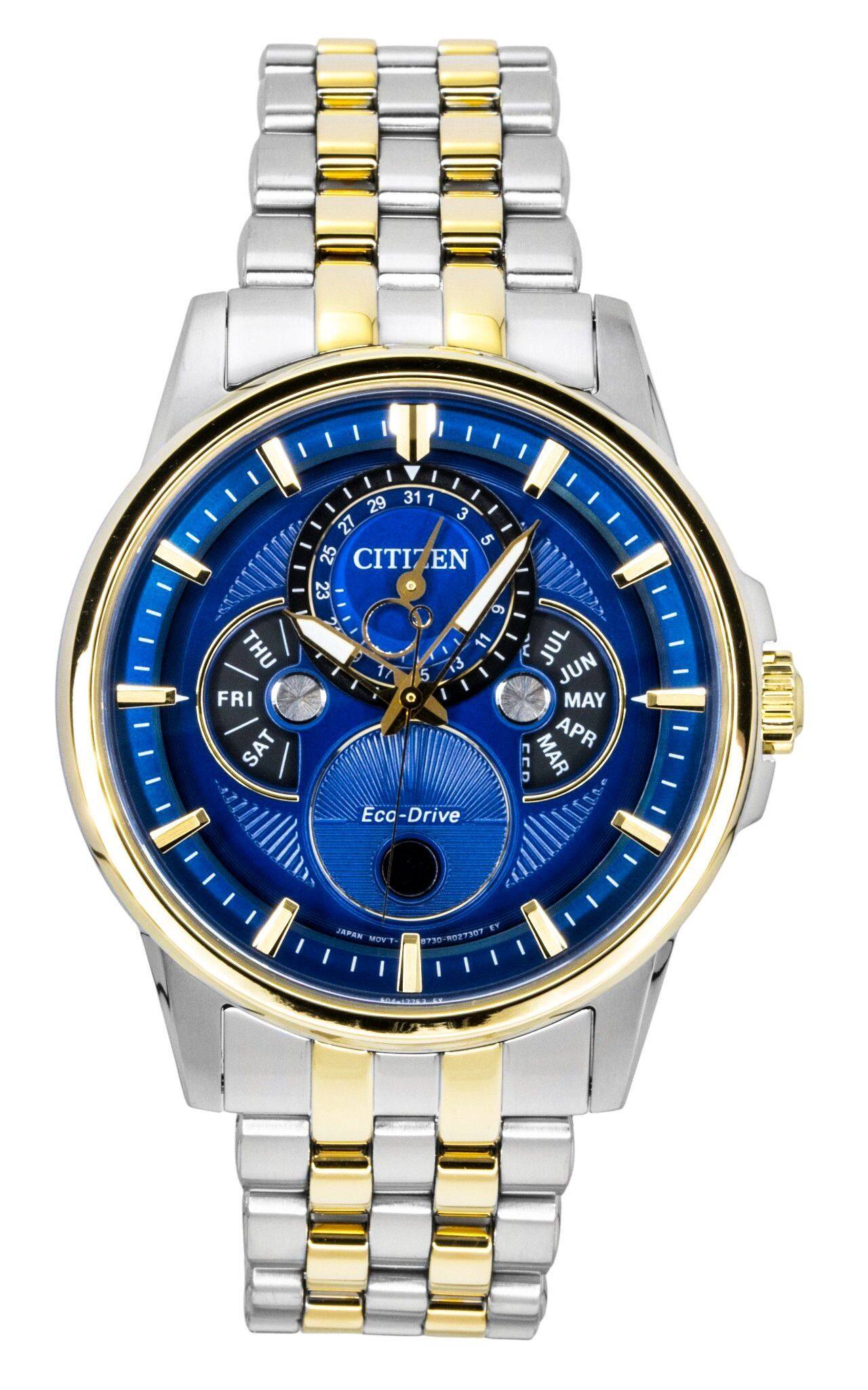 Citizen - Calendrier Moonphase Two Tone Stainless Steel Dial Eco-Drive BU0054-52L 100M Men's Watch - Blue