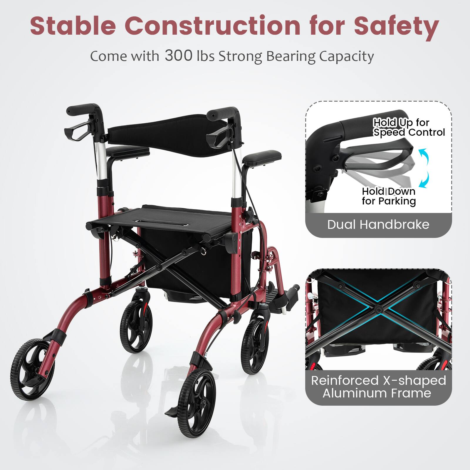 Stable Construction for Safety
Come with 300 lbs Strong Bearing Capacity
Dual Handbrake
Reinforced X-shaped Aluminum Frame
Hold Up for Speed Control
Hold Down for Parking