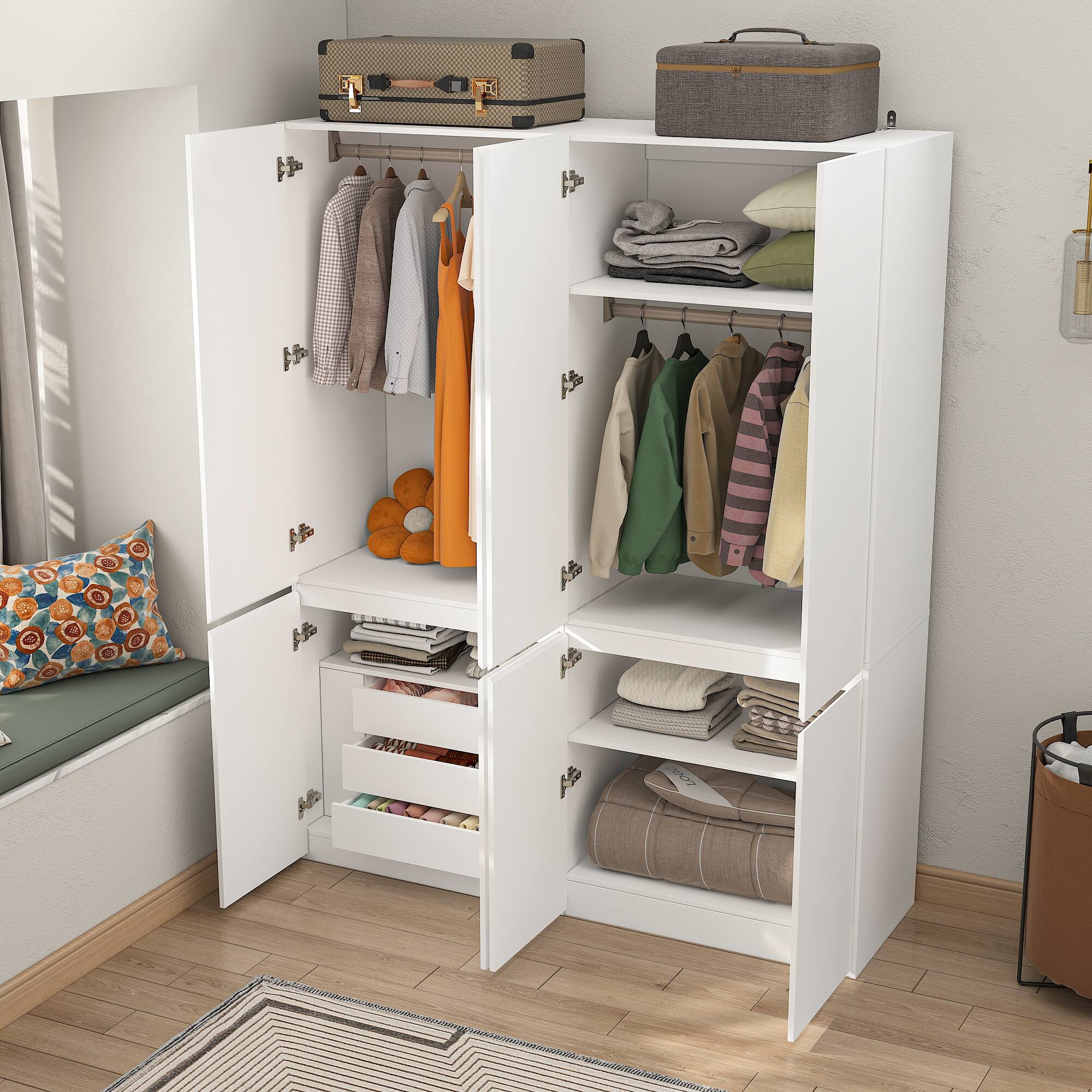 Back. Famapy - Skin-Feel Finish Eco-Friendly Wardrobe with Multi-Compartment Storage & Hidden Compartments for Bedroom Organization - White.