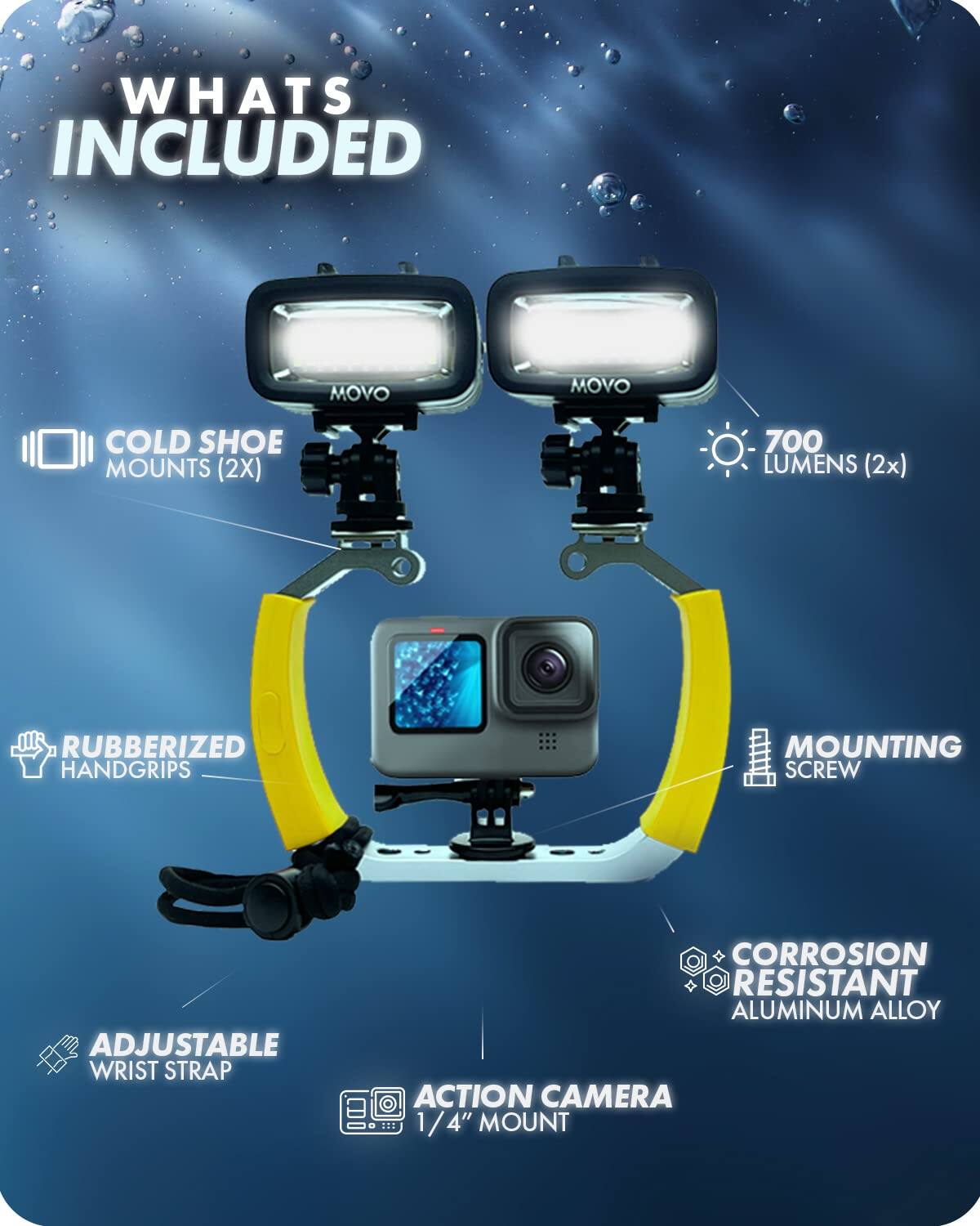 **WHAT'S INCLUDED**

- COLD SHOE MOUNTS (2X)
- 700 LUMENS (2X)
- RUBBERIZED HANDGRIPS
- MOUNTING SCREW
- ADJUSTABLE WRIST STRAP
- ACTION CAMERA ON: 1/4" MOUNT
- CORROSION RESISTANT ALUMINUM ALLOY
