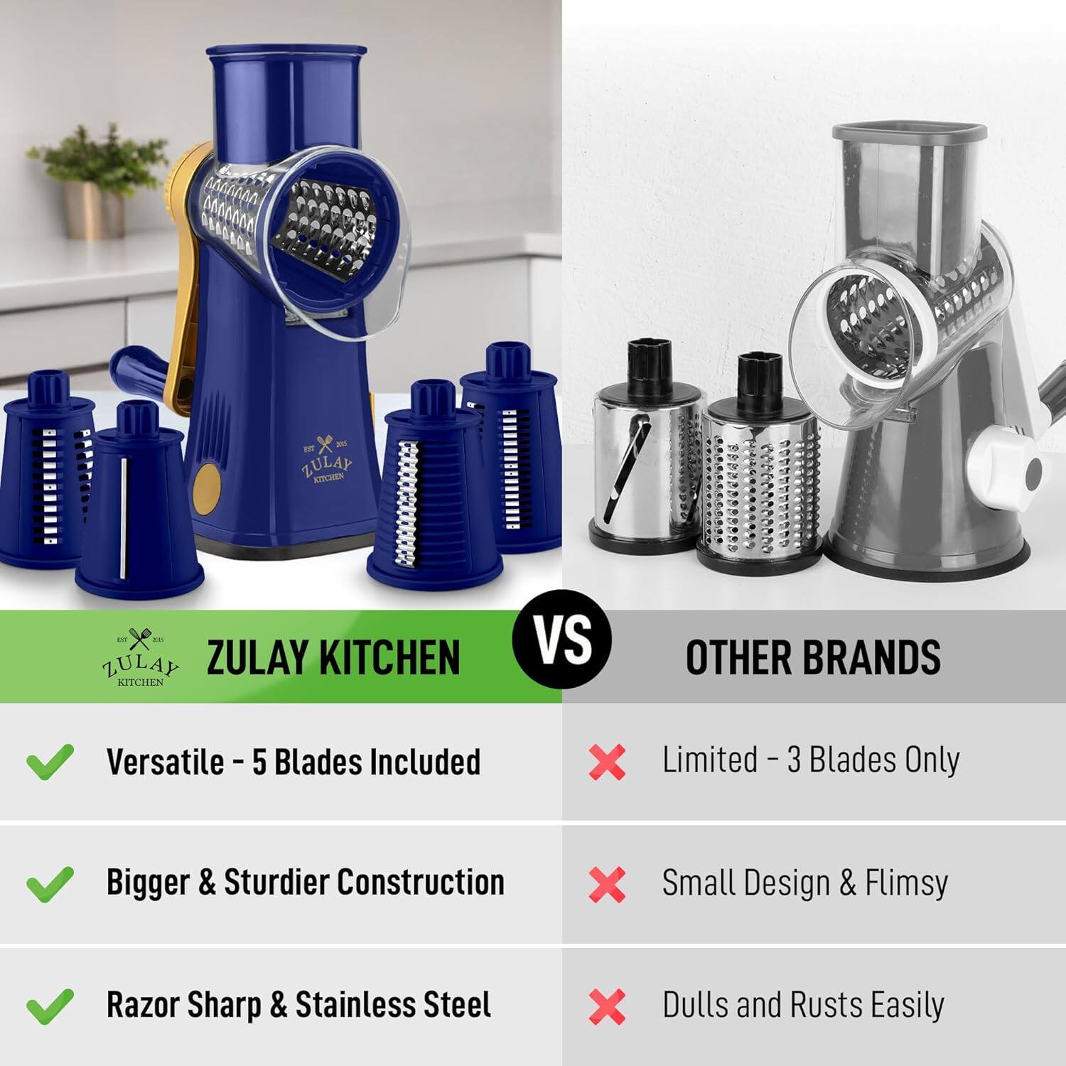 ZULAY KITCHEN vs OTHER BRANDS

- Versatile - 5 Blades Included
- Bigger & Sturdier Construction
- Razor Sharp & Stainless Steel

- Limited - 3 Blades Only
- Small Design & Flimsy
- Dulls and Ruts Easily