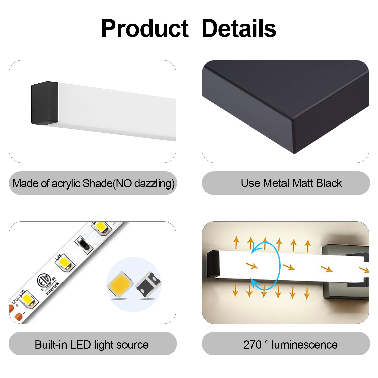 Product Details

- Made of acrylic Shade (NO dazzling)
- Use Metal Matt Black
- Built-in LED light source
- 270° luminescence