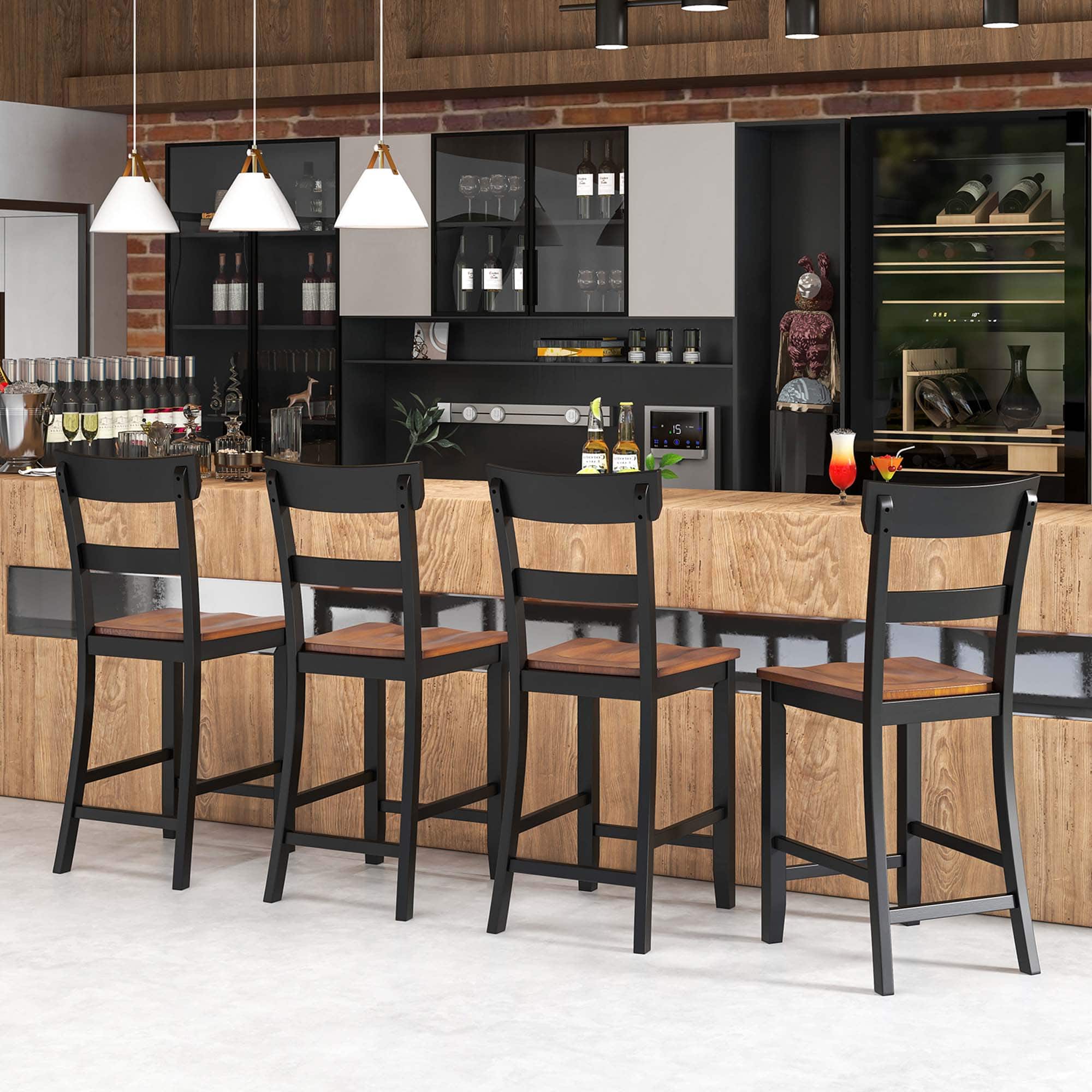 Alt View 4. Costway - Wooden Bar Stool Set of 2 Bar Chairs with LVL Rubber Wood Frame, Backrest, Footrest - Black.