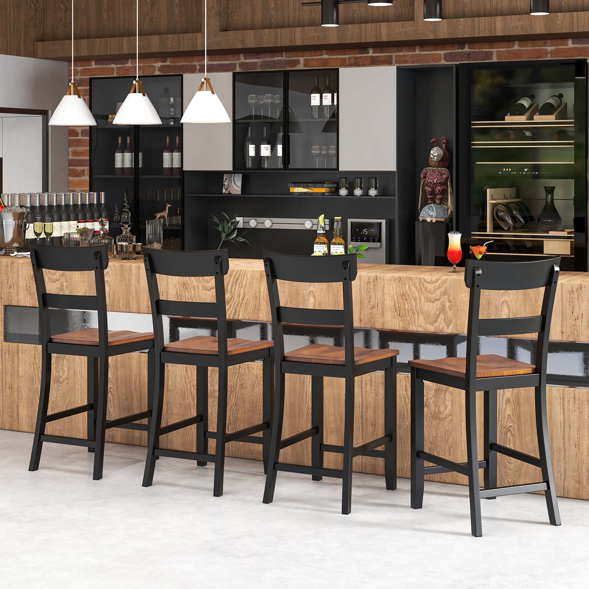 Alt View 4. Costway - Wooden Bar Stool Set of 2 Bar Chairs with LVL Rubber Wood Frame, Backrest, Footrest - Black.