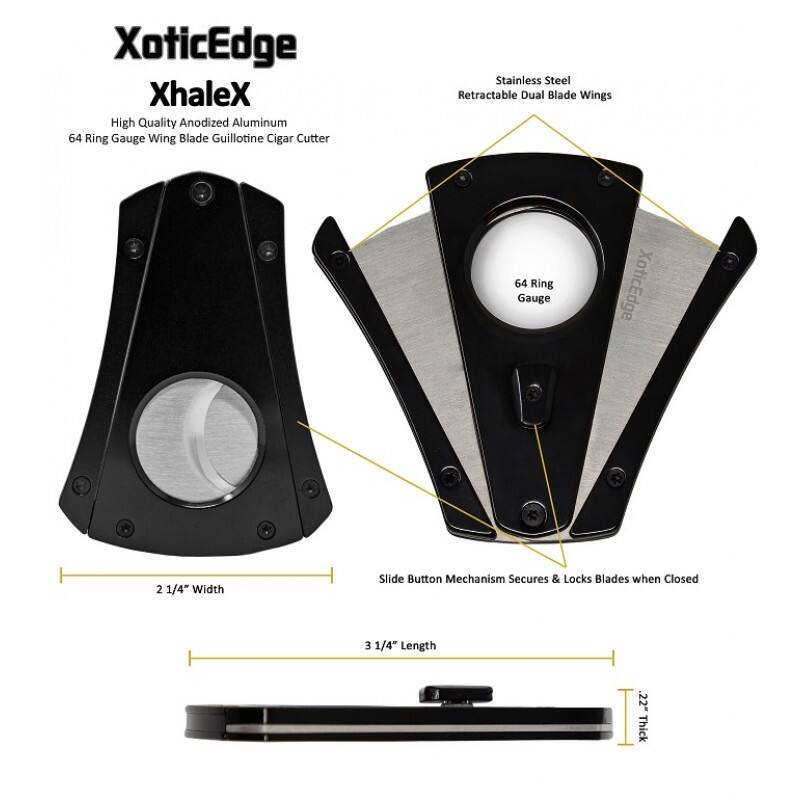 XoticEdge XhaleX High Quality Anodized Aluminum 64 Ring Gauge Wing Blade Guillotine Cigar Cutter Stainless Steel Retractable Dual Blade Wings 64 Ring Gauge XoticEdge 2 1/4" Width Slide Button Mechanism Secures & Locks Blades when Closed 3 1/4" Length 22" Thick
