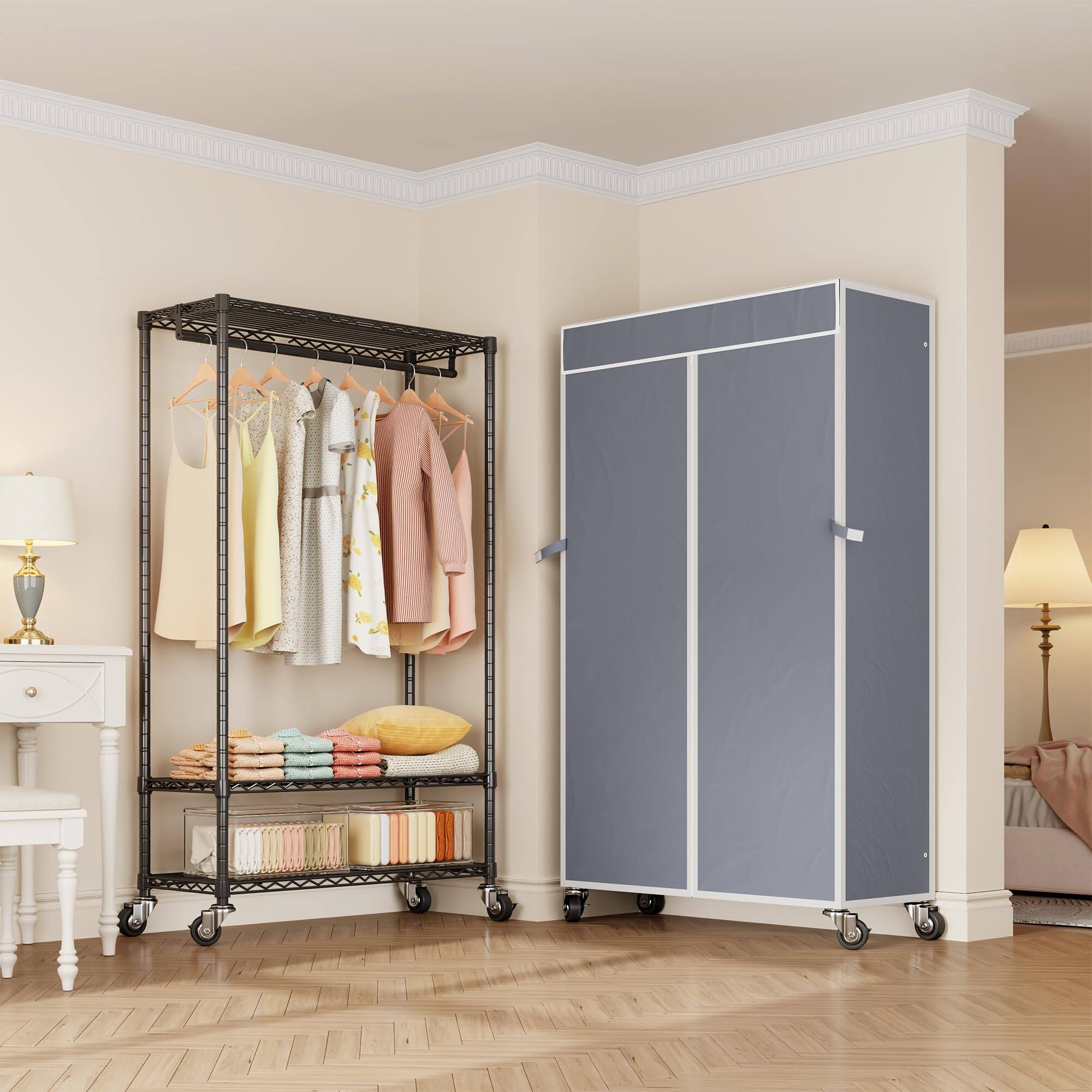 Alt View 6. Hirose Alice - H4 Heavy Duty Clothes Rack with Cover  Rolling Garment Rack on Wheels  Closet for Hanging Clothes  Clothing - Black Rack with Black Cover H4 Plus.