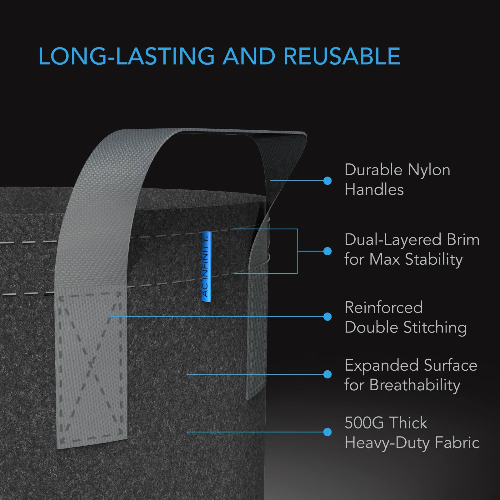 LONG-LASTING AND REUSABLE

AC INFINITY

- Durable Nylon Handles
- Dual-Layered Brim for Max Stability
- Reinforced Double Stitching
- Expanded Surface for Breathability
- 500G Thick Heavy-Duty Fabric