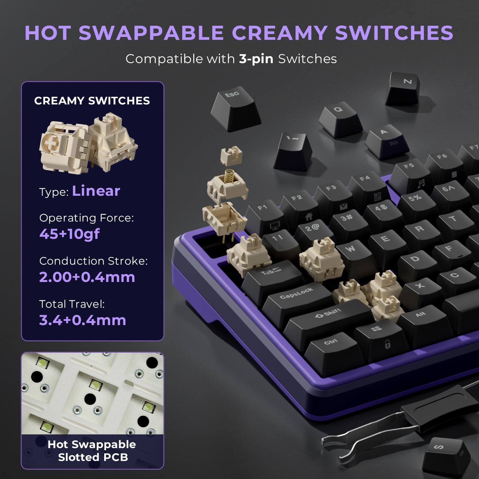 HOT SWAPPABLE CREAMY SWITCHES  
Compatible with 3-pin Switches  

CREAMY SWITCHES  
Type: Linear  
Operating Force: 45+10gf  
Conduction Stroke: 2.00+0.4mm  
Total Travel: 3.4+0.4mm  

Hot Swappable Slotted PCB