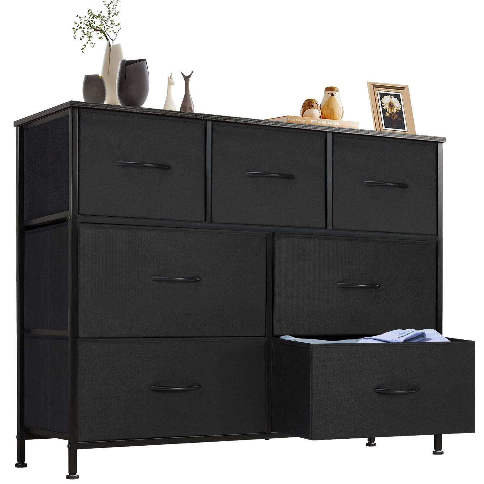 Angle. AENKYO - 7-Drawer Tall Dresser, Wide Drawer, Wood Dressers and Chests of Drawers for Bedroom,Living Room - Black.
