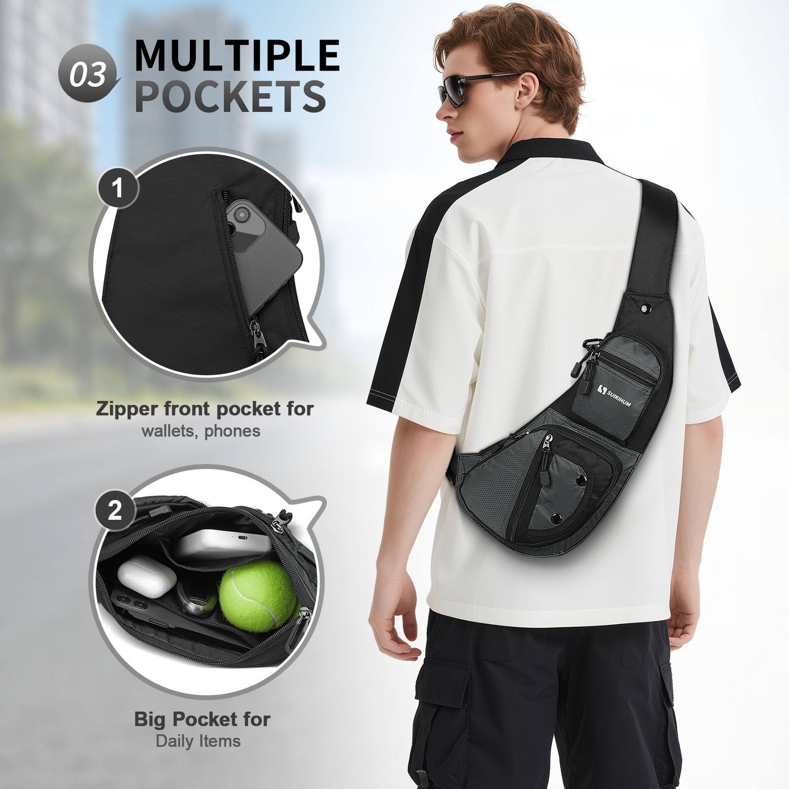 MULTIPLE POCKETS

1. Zipper front pocket for wallets, phones

2. Big Pocket for Daily Items