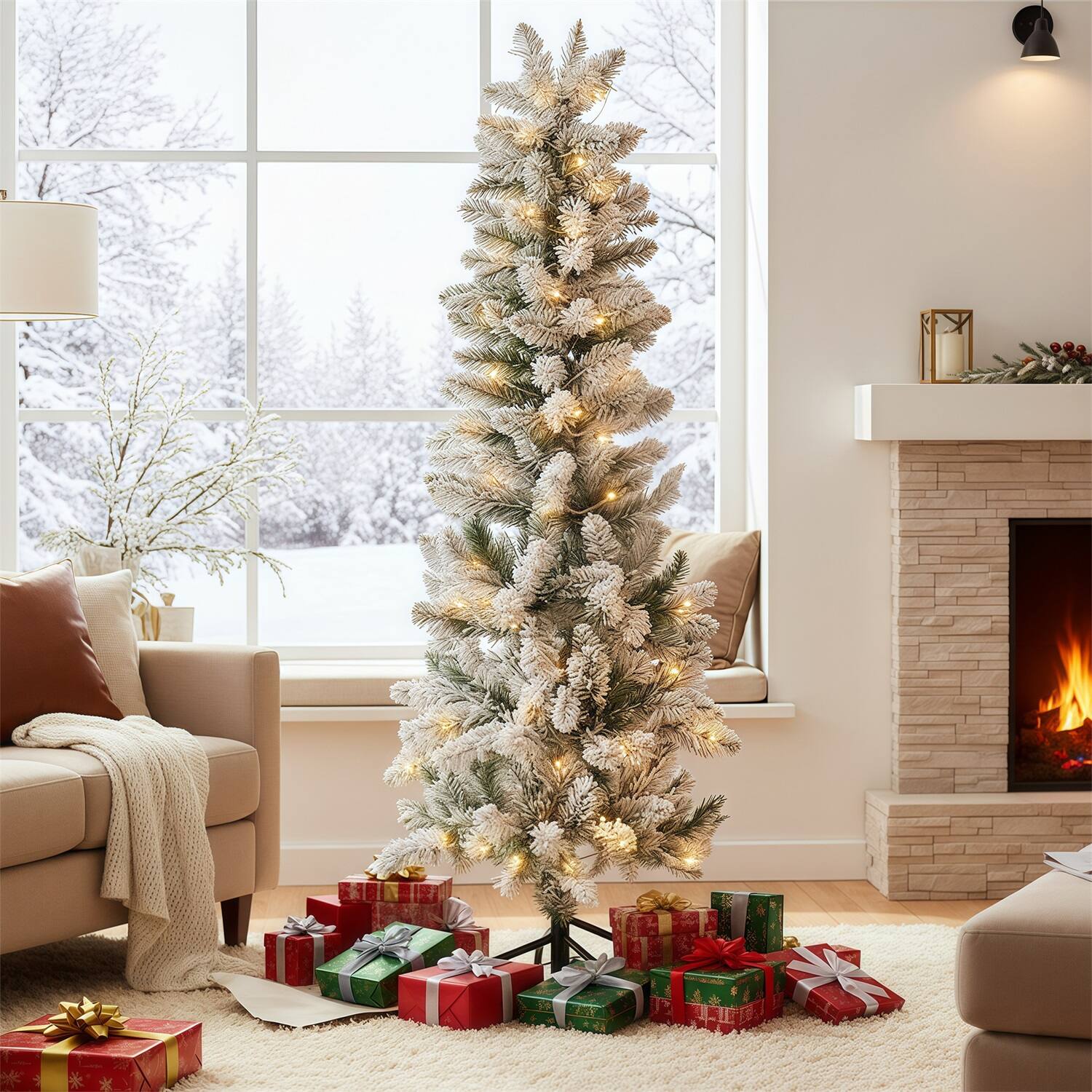 Front. Sweet - 4.5ft Snow Flocked Pencil Christmas Tree, Prelighted Artificial Slim Christmas Trees with 250 Lights, Foldable Base - White Flocking.
