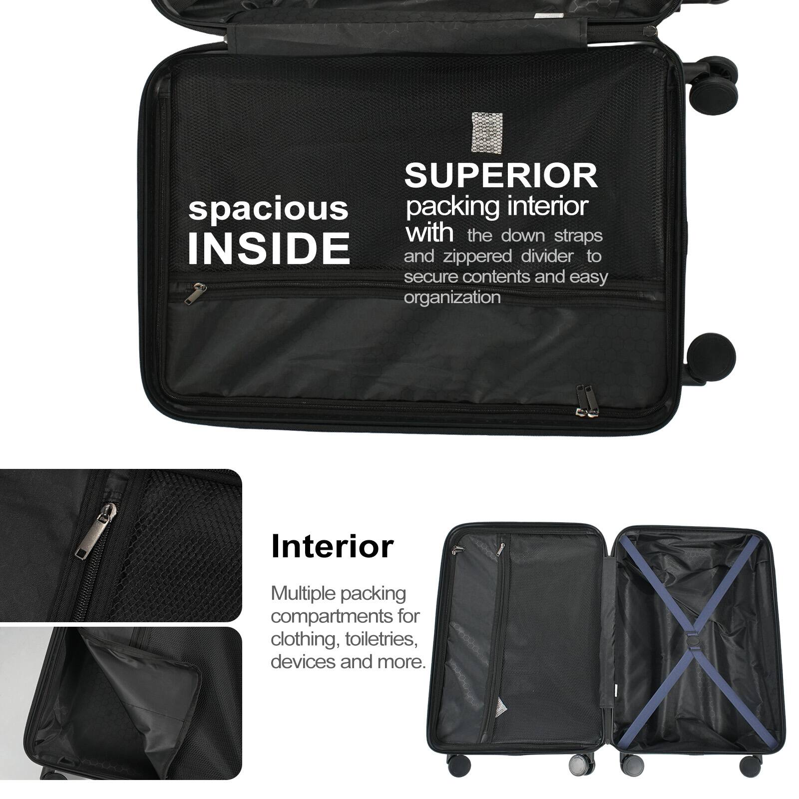 SUPERIOR spacious packing interior with the down straps INSIDE and zippered divider to secure contents and easy organization

Interior
Multiple packing compartments for clothing, toiletries, devices and more.