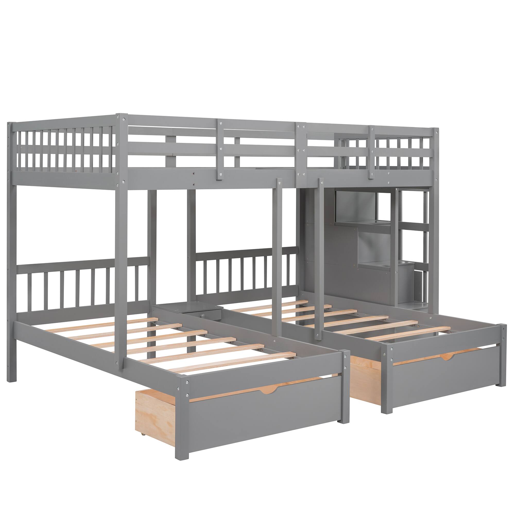 Back. Tiramisubest - Full Over Twin & Twin Wood Triple Bunk Bed, Gray: Space-Saving, Sturdy & Safe - Gray.