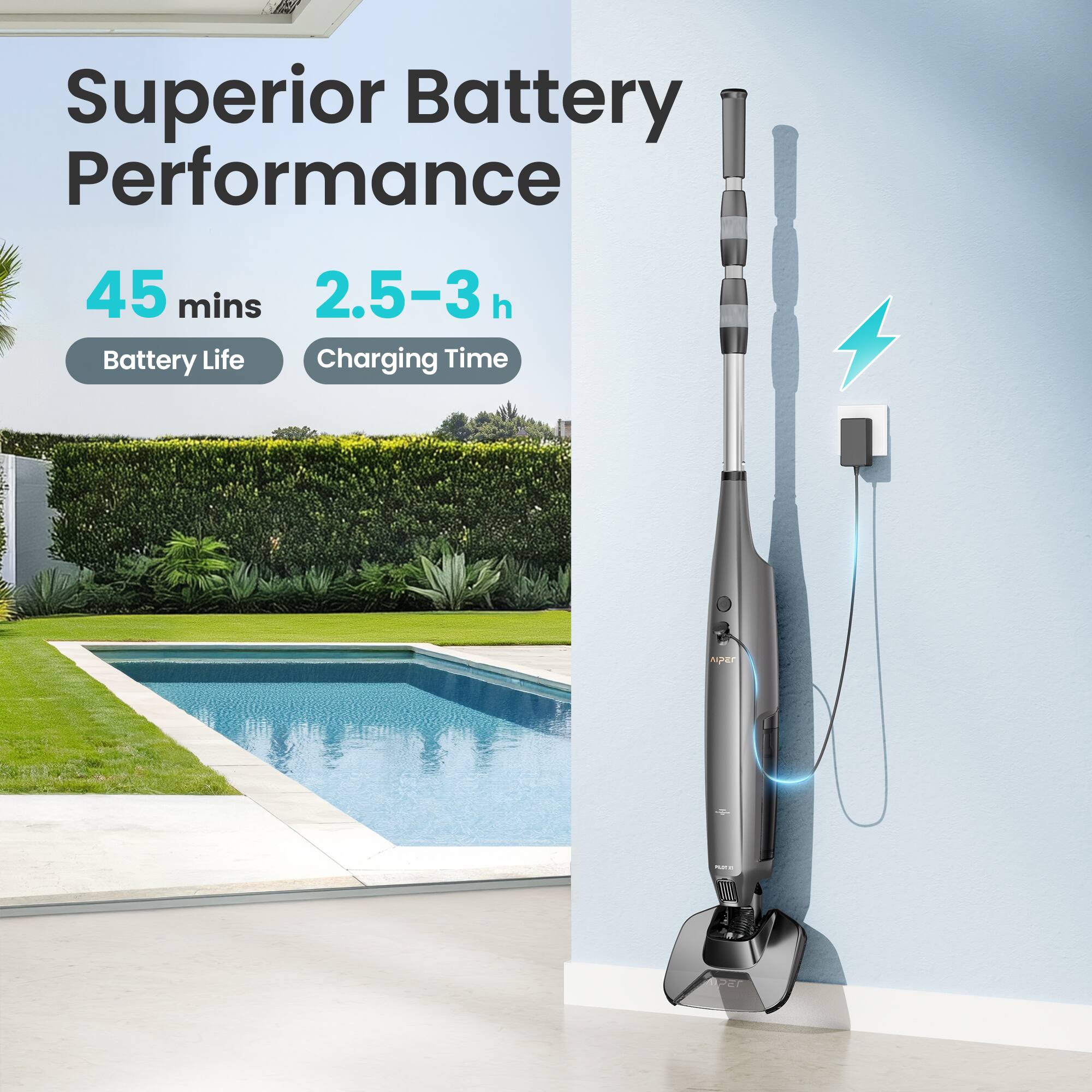 Superior Battery Performance  
45 mins Battery Life  
2.5–3 h Charging Time
