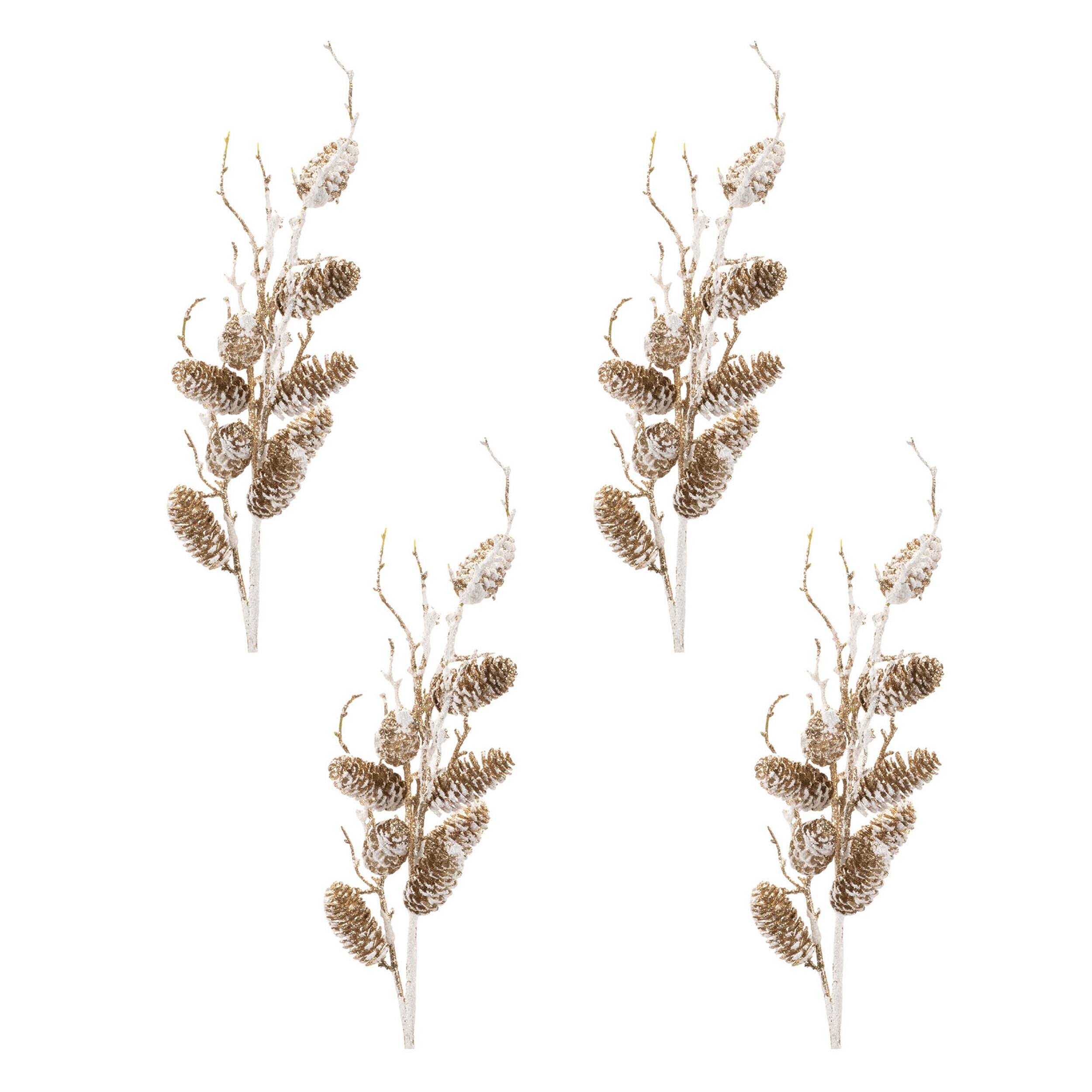 Left. BreeBe - Snowy Glittered Pinecone Twig Spray (Set of 4) - Gold, White.