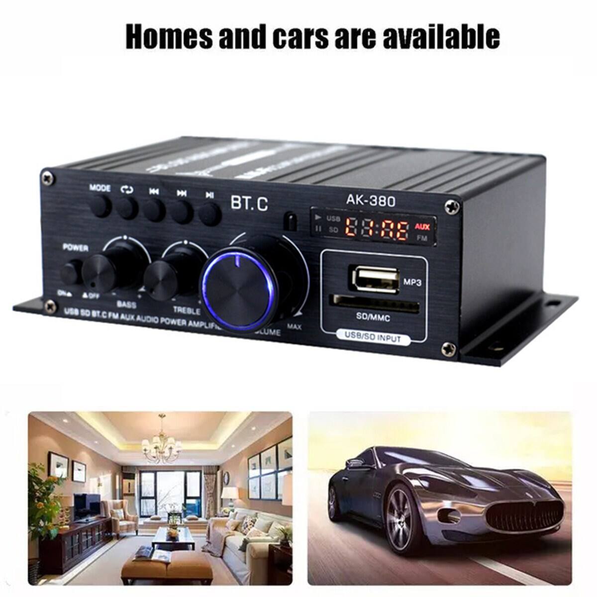 Homes and cars are available

AK-380

USB SD BT.C FM AUX

SD/MMC

USB/SD INPUT

USB SD BT.C FM AUX AUDIO POWER AMPLIFIER

MODE

POWER

BASS

TREBLE

VOLUME