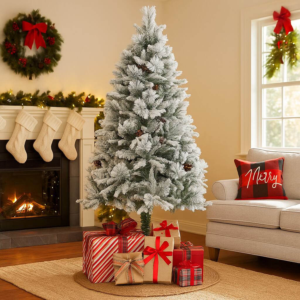 Angle. BreeBe - Christmas Tree 4.5FT/6FT/7FT Artificial with Pine Branches & LEDs - Green.