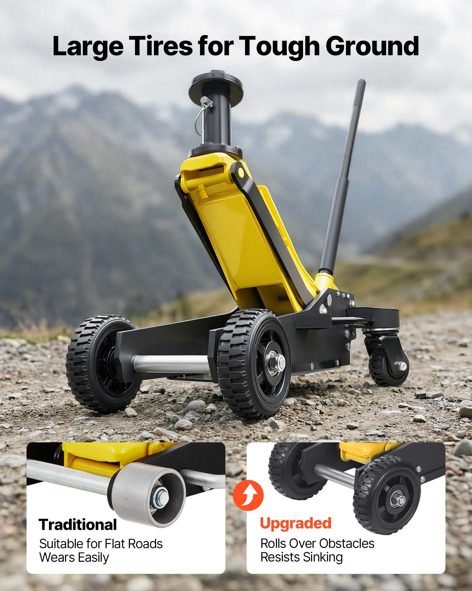 Large Tires for Tough Ground

Traditional
Suitable for Flat Roads
Wears Easily

Upgraded
Rolls Over Obstacles
Resists Sinking