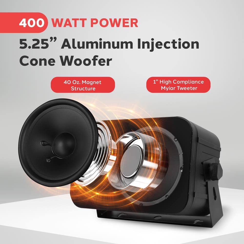 400 WATT POWER  
5.25" Aluminum Injection Cone Woofer  
40 Oz. Magnet Structure  
1" High Compliance Mylar Tweeter