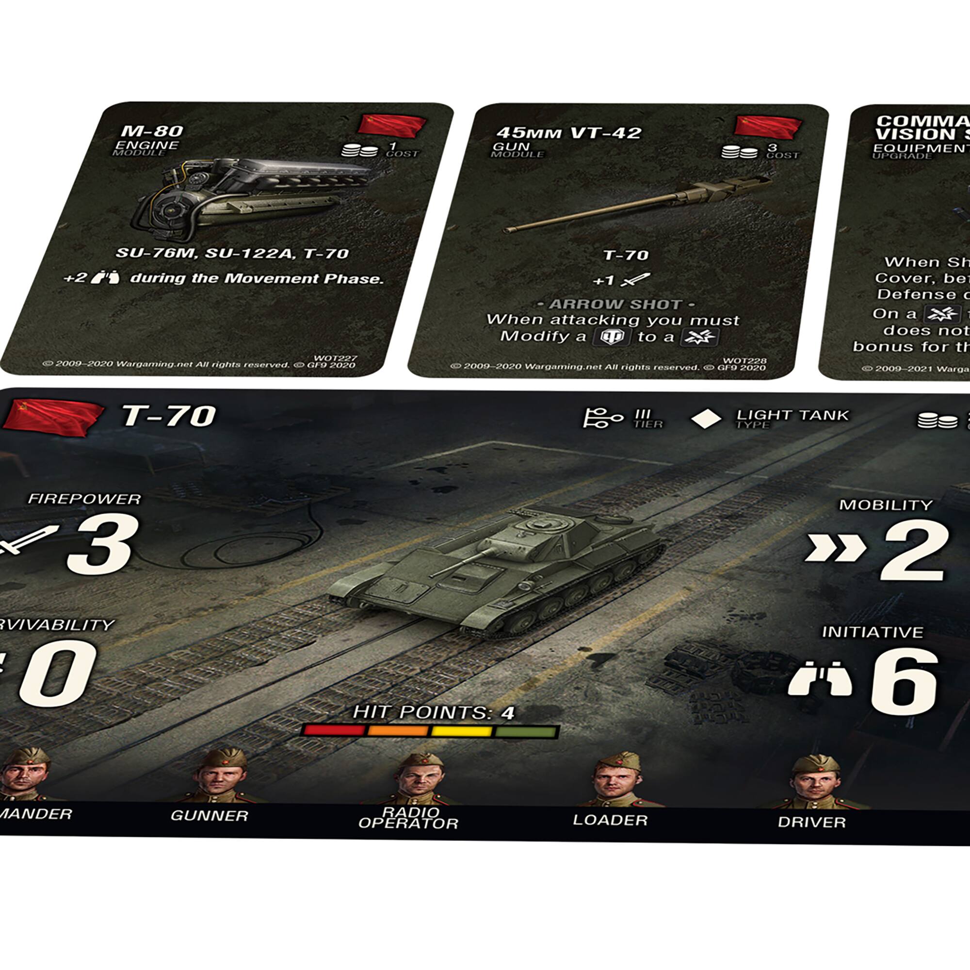 The text on the image can be grouped and corrected as follows:

1. M-80 ENGINE A1202 CONT 45MM VT-42 GUN NMI 3 5S CORT COMMA VISION: EQUIPMEN AIN SU-76M, SU-122A, T-70 +2 during the Movement Phase. 1 E 2000-2020 Wwaaog.n AB riahin reservea - zarA N T-70 +1 ARROW SHOT When attacking you must Modify a 0D to a WOrzeG 2000-20270 Wargaming.net AR rights reservea is AN When Sh Cover. be Defense On a does not bonus for t 150-00S Waran T-70  III IHR LIGHT TANK LYPE : FIREPOWER 3 VIVABILITY  O HIT POINTS: 4 MOBILITY > 2 INITIATIVE  6 MANDER GUNNER i RADIO OPERATOR LOADER DRIVER