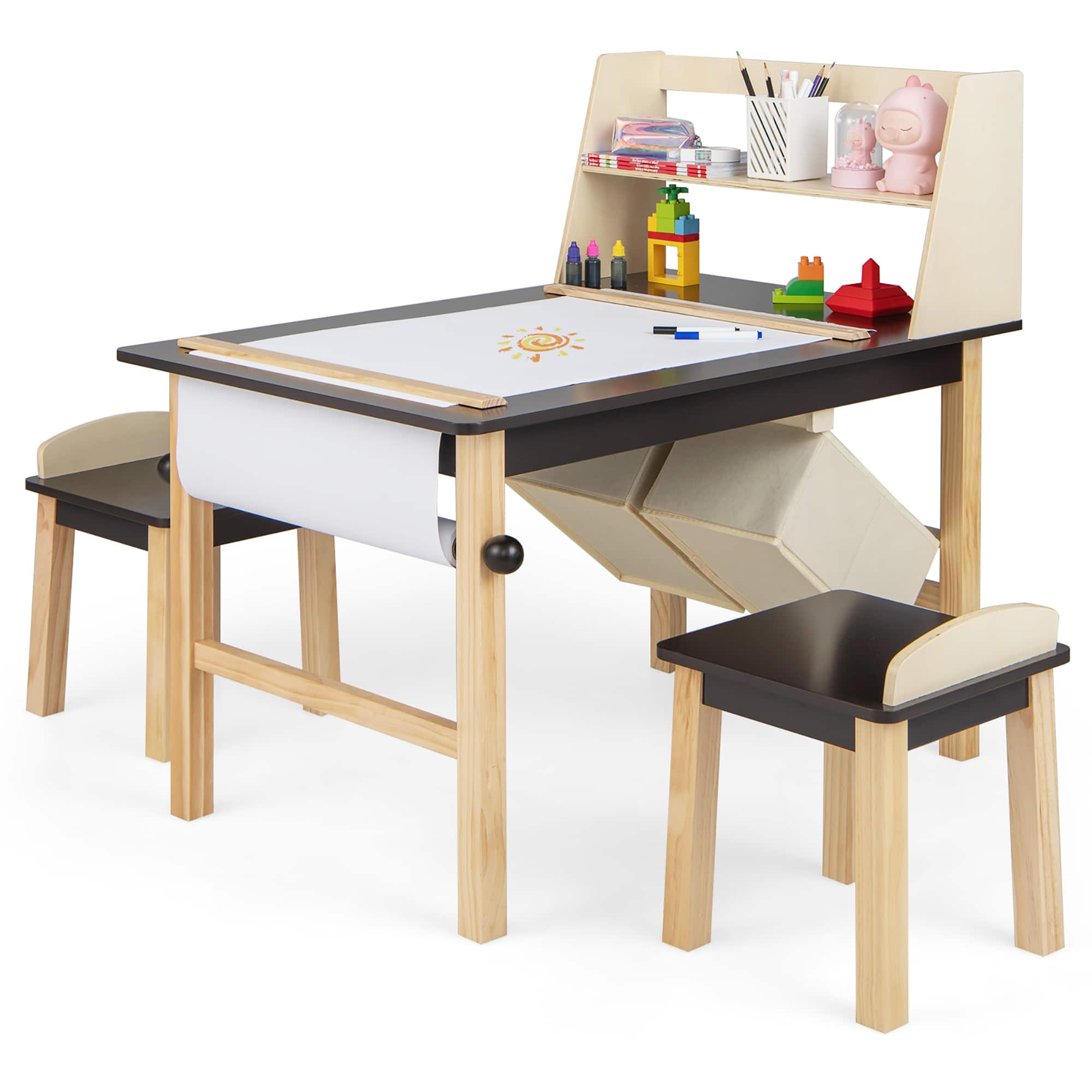 Costway - Kids Art Table & Chairs Set Wooden Drawing Desk with Paper Roll Storage Shelf Bins - Coffee,Natural
