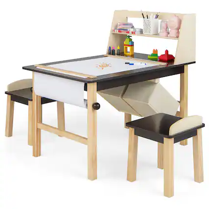 Front. Costway - Costway Kids Art Table & Chairs Set Wooden Drawing Desk with Paper Roll Storage Shelf Bins - Coffee,Natural.