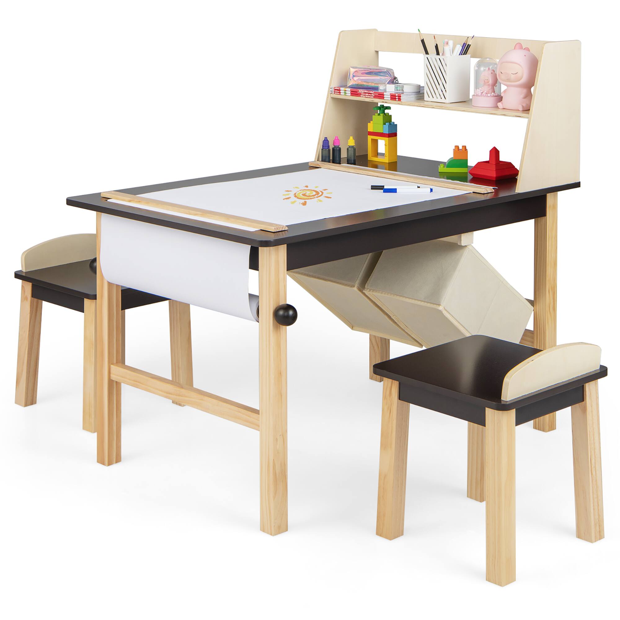Front. Costway - Costway Kids Art Table & Chairs Set Wooden Drawing Desk with Paper Roll Storage Shelf Bins - Coffee,Natural.