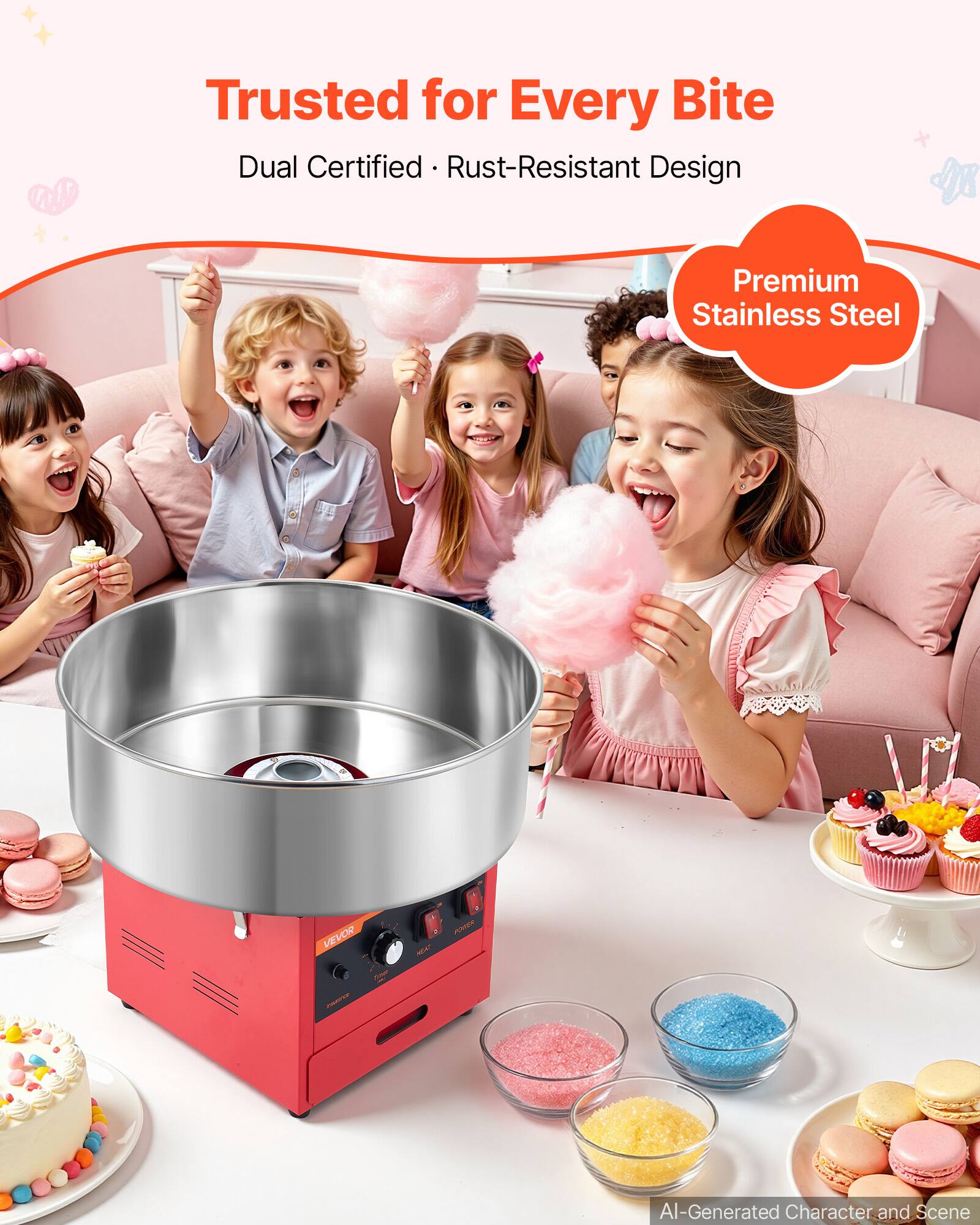 Trusted for Every Bite  
Dual Certified • Rust-Resistant Design  
Premium Stainless Steel  
VEVOR  
AI-Generated Character and Scene