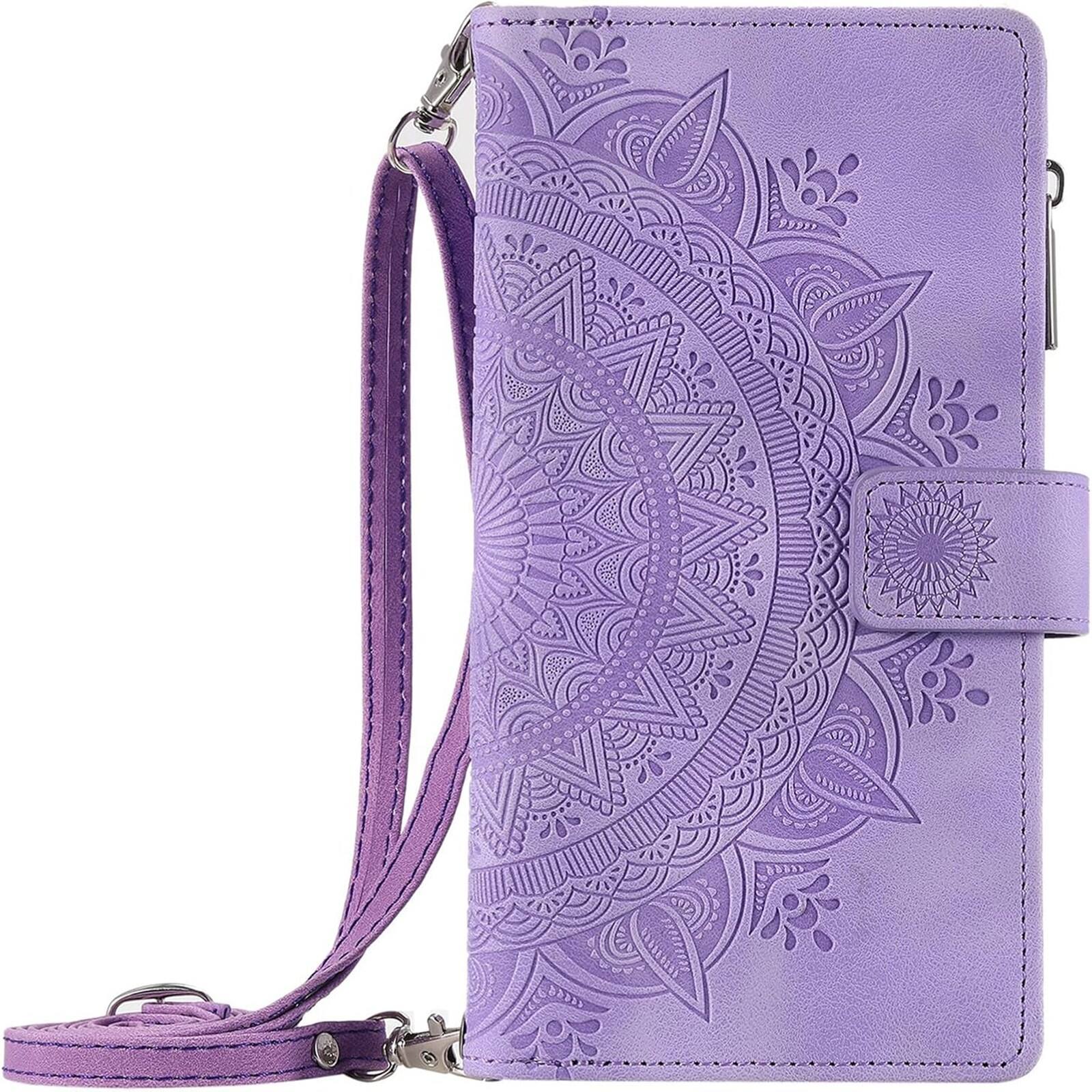 Front. Dteck - Wallet Case for Samsung Galaxy A37 5G Zipper Pocket Flowers PU Leather Flip Stand Cover With Crossbody+Wrist Strap - Purple.