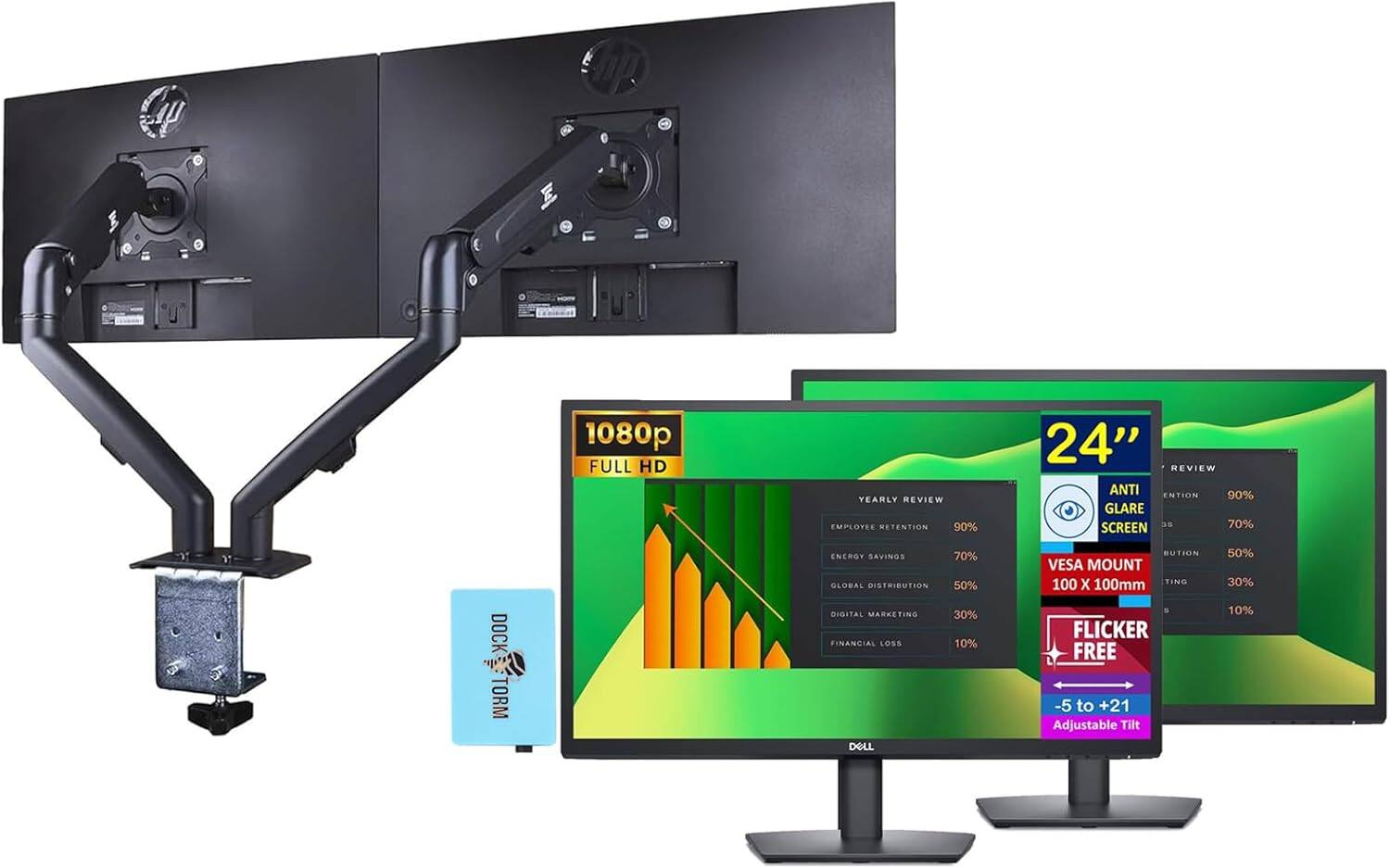 1080p FULL HD  
24"  
YEARLY REVIEW  
EMPLOYEE RETENTION 90%  
ENERGY SAVINGS 70%  
GLOBAL DISTRIBUTION 50%  
DIGITAL MARKETING 30%  
FINANCIAL LOSS 10%  

ANTI GLARE SCREEN  
REVIEW ATTENTION 90%  
VESCA MOUNT 100 x 100mm  
FLICKER FREE  
-5 to +21 Adjustable Tilt  

DOCK TORM