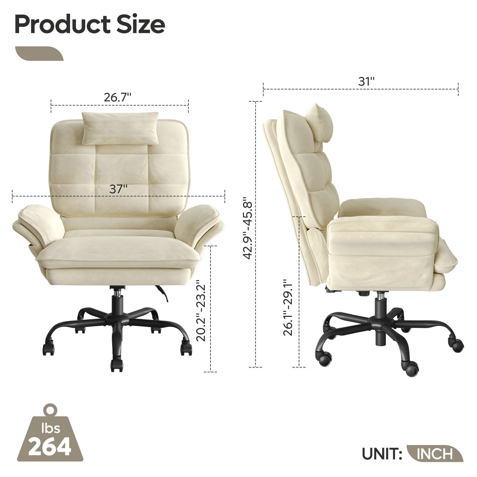 Product Size: 26.7", 31", 37", 20.2"-23.2", 42.9"-45.8", 26.1"-29.1", lbs 264, UNIT: INCH