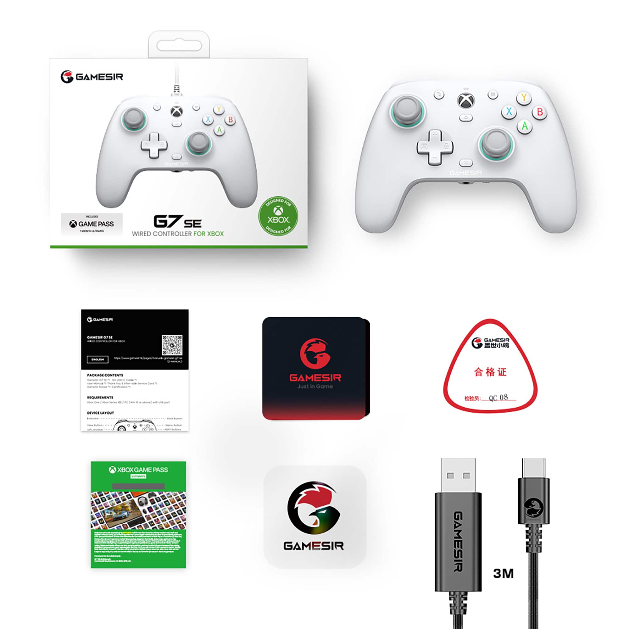 The image features a white Xbox controller and a charger, along with a box and a booklet. The controller is accompanied by a charger and a clame pass. The box and booklet are also part of the package. The controller is designed for the Xbox gaming system.