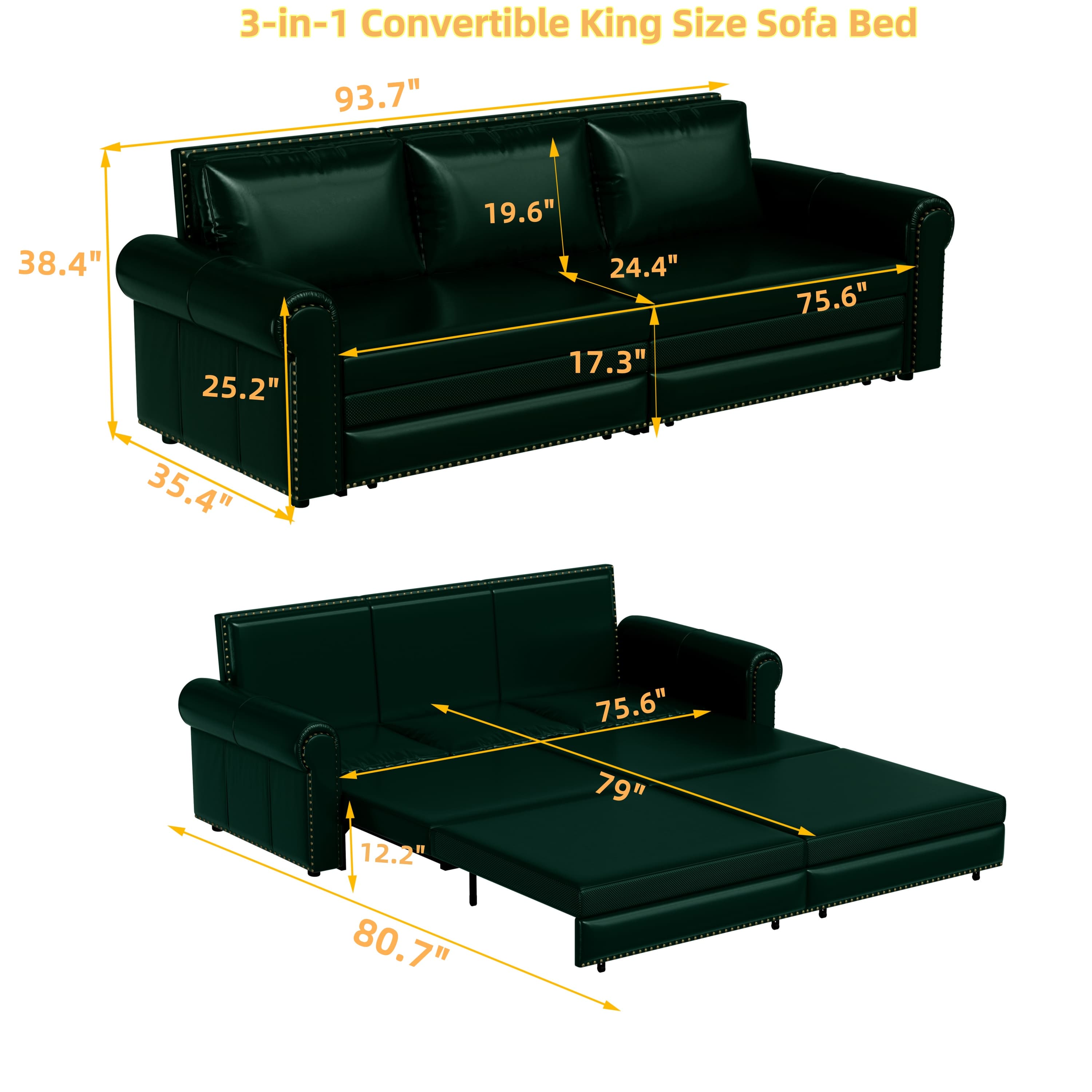 3-in-1 Convertible King Size Sofa Bed  
93.7"  
38.4"  
19.6"  
24.4"  
75.6"  
25.2"  
17.3"  
35.4"  
75.6"  
79"  
12.2"  
80.7"