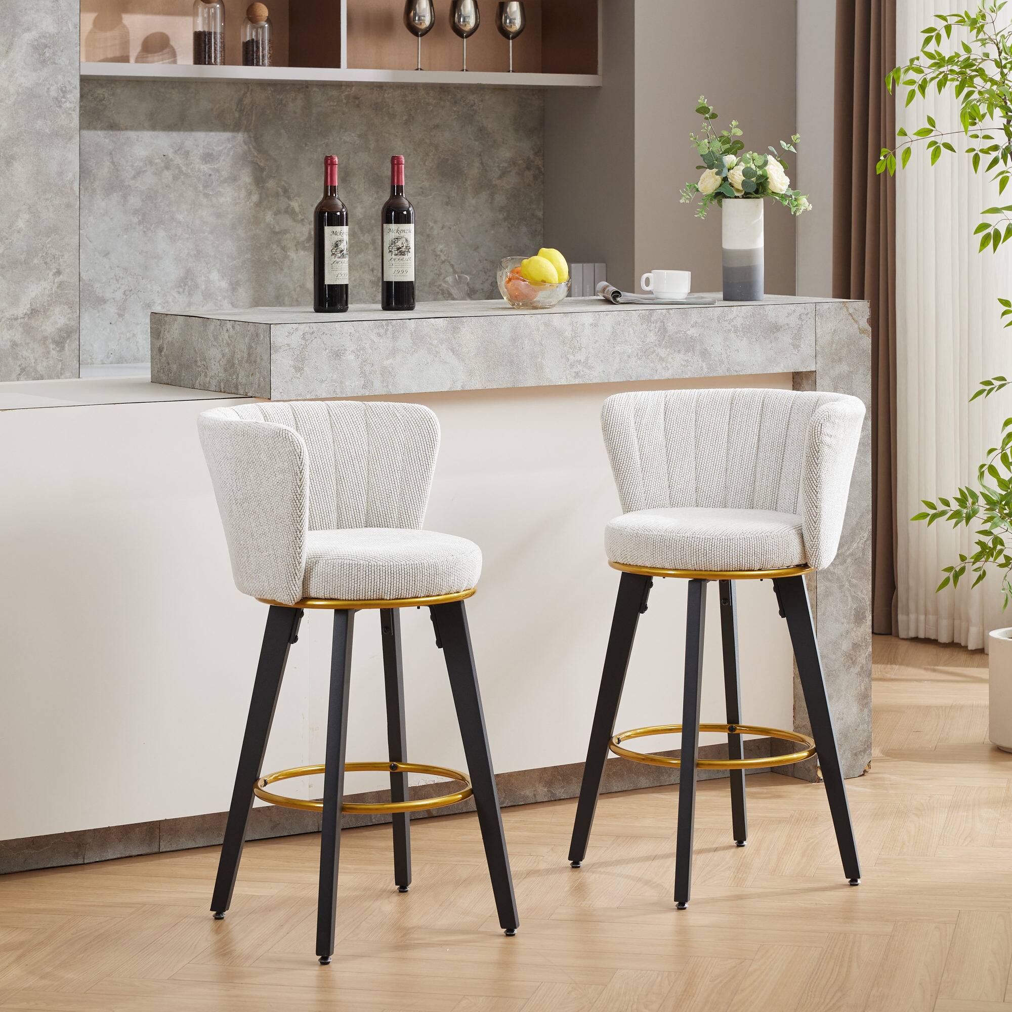 Back. GOODSILO - Modern Swivel Counter Height Bar Stools Set of 2 with Upholstered Backs and Metal Legs - Beige.