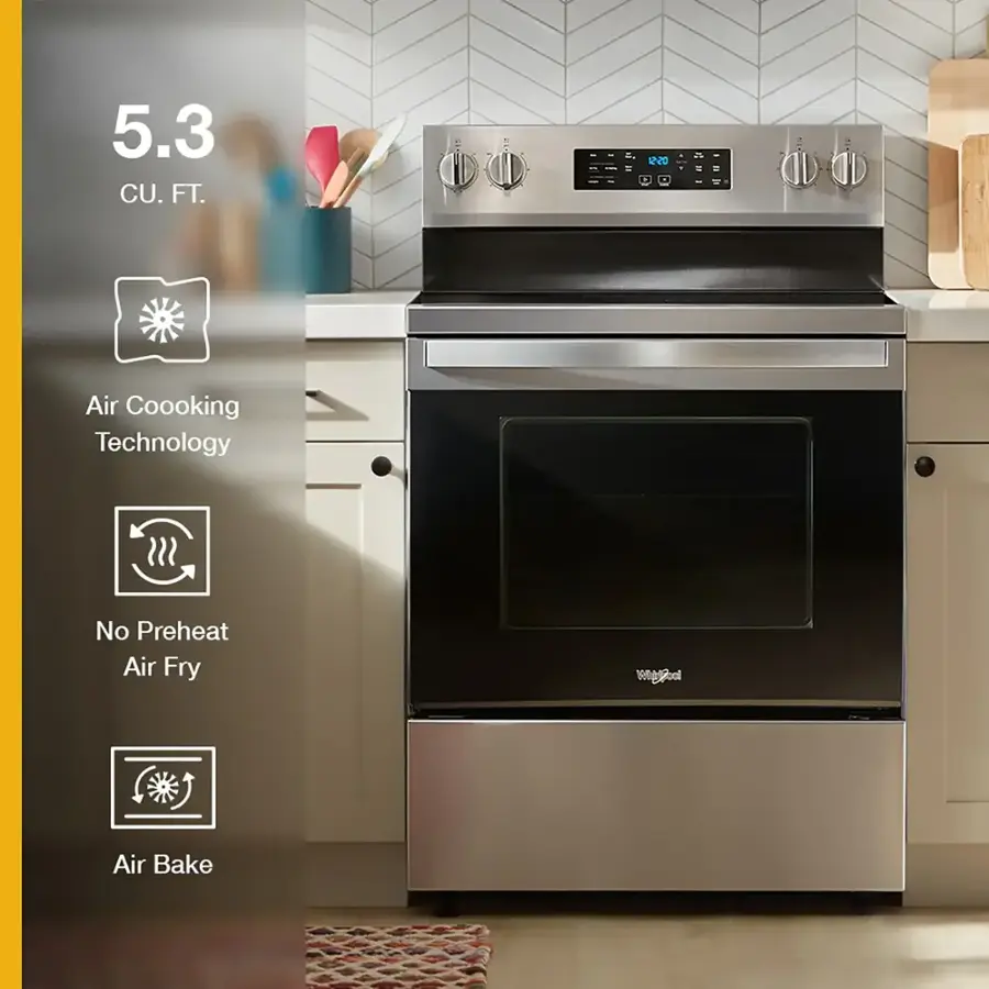 The text on the image reads: "5.3 CU. FT. - 12:20 C  O Air Coooking Technology No Preheat Air Fry Wepbal Air Bake." This text describes the features of the stainless steel oven, which includes air cooking technology, no preheat air fry, and wepbal air bake. The oven has a capacity of 5.3 cubic feet and is equipped with modern cooking technology that allows for efficient and precise cooking.