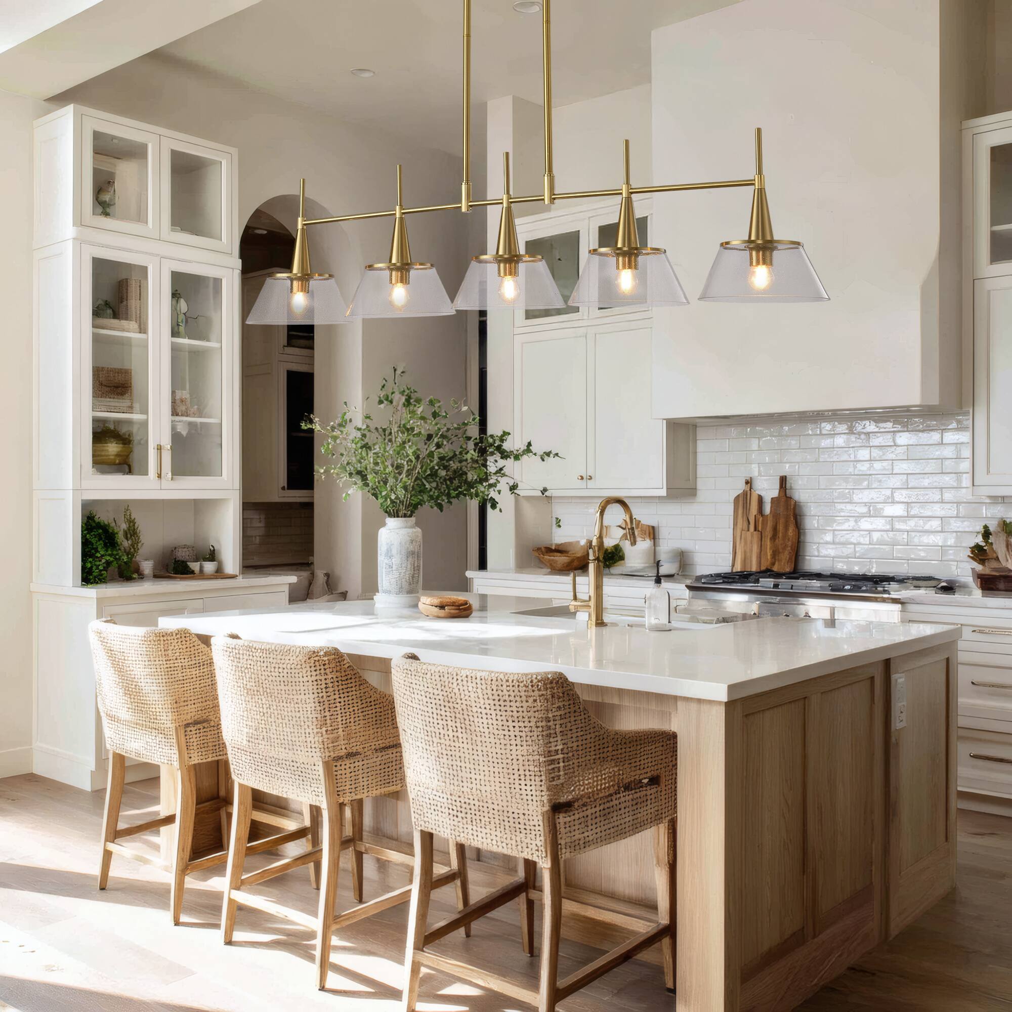 Alt View 1. RYHNUYNE - 5-Light Brass Kitchen Island Pendant 59 Inch Large Linear Chandelier with Clear Seed Glass Shades Adjustable Hanging.